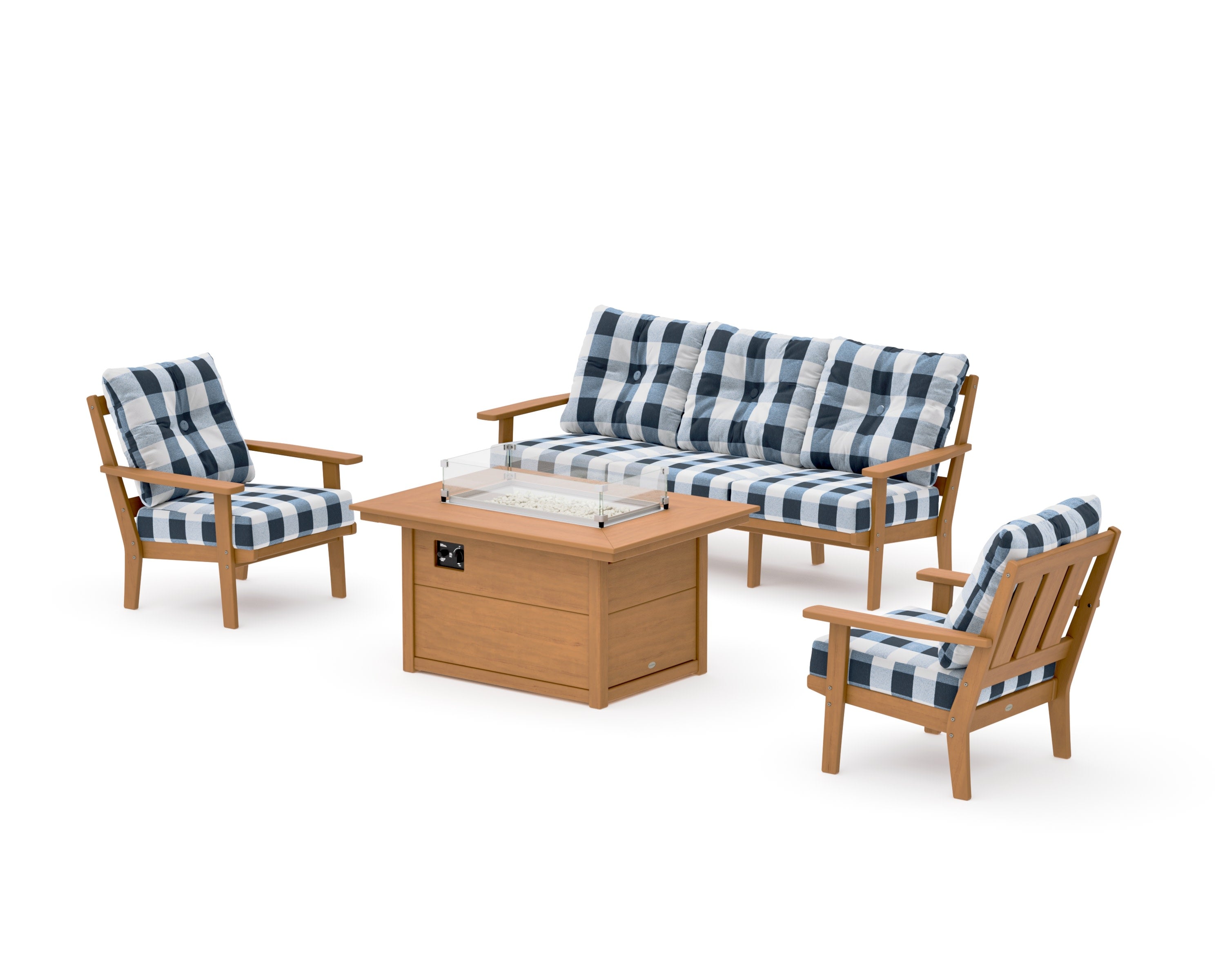 Oxford Deep Seating Fire Pit Table Set in Natural / Buffalo Plaid Marine Indigo
