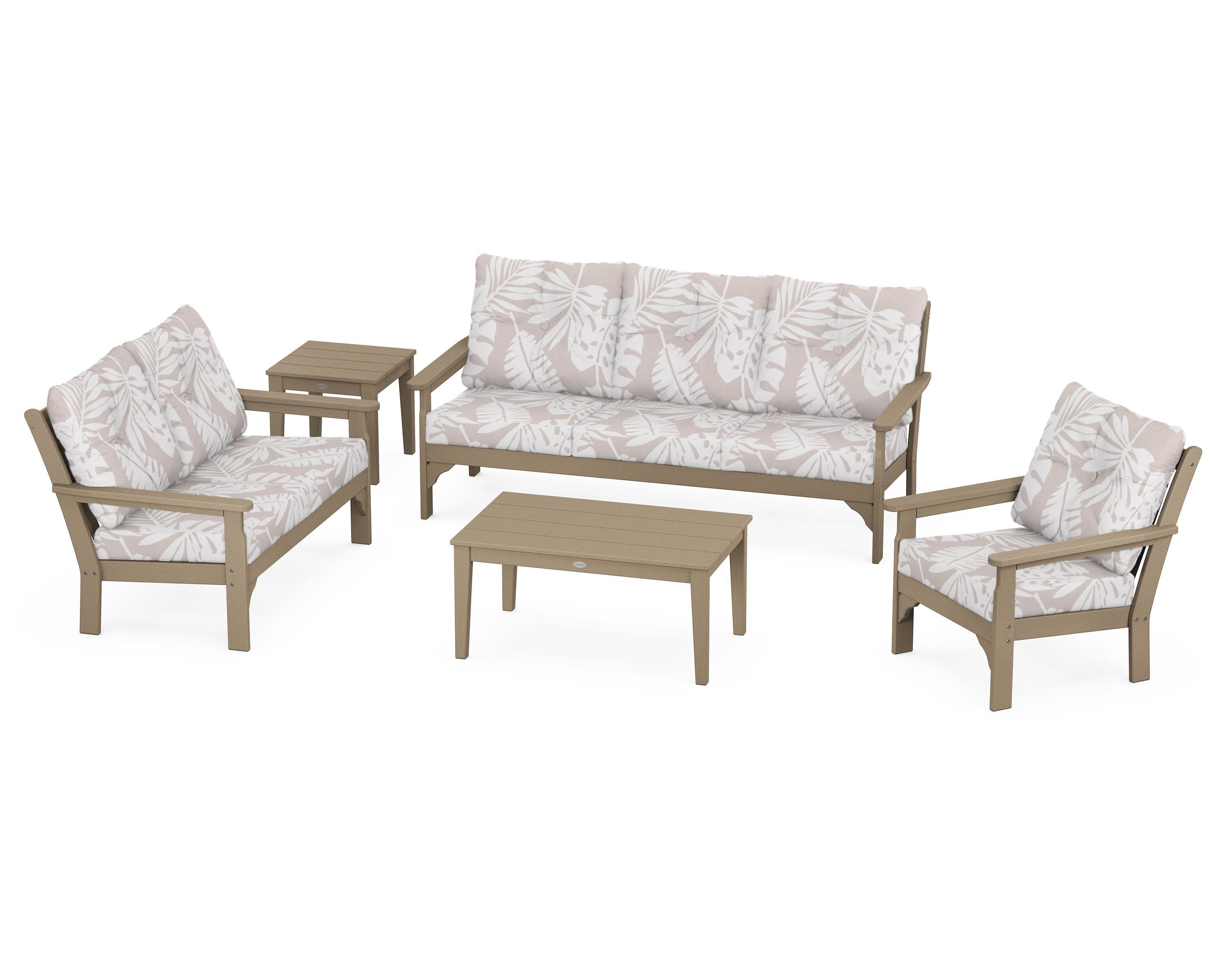 Vineyard 5 Piece Deep Seating Set in Vintage Sahara / Leaf Dune Burlap