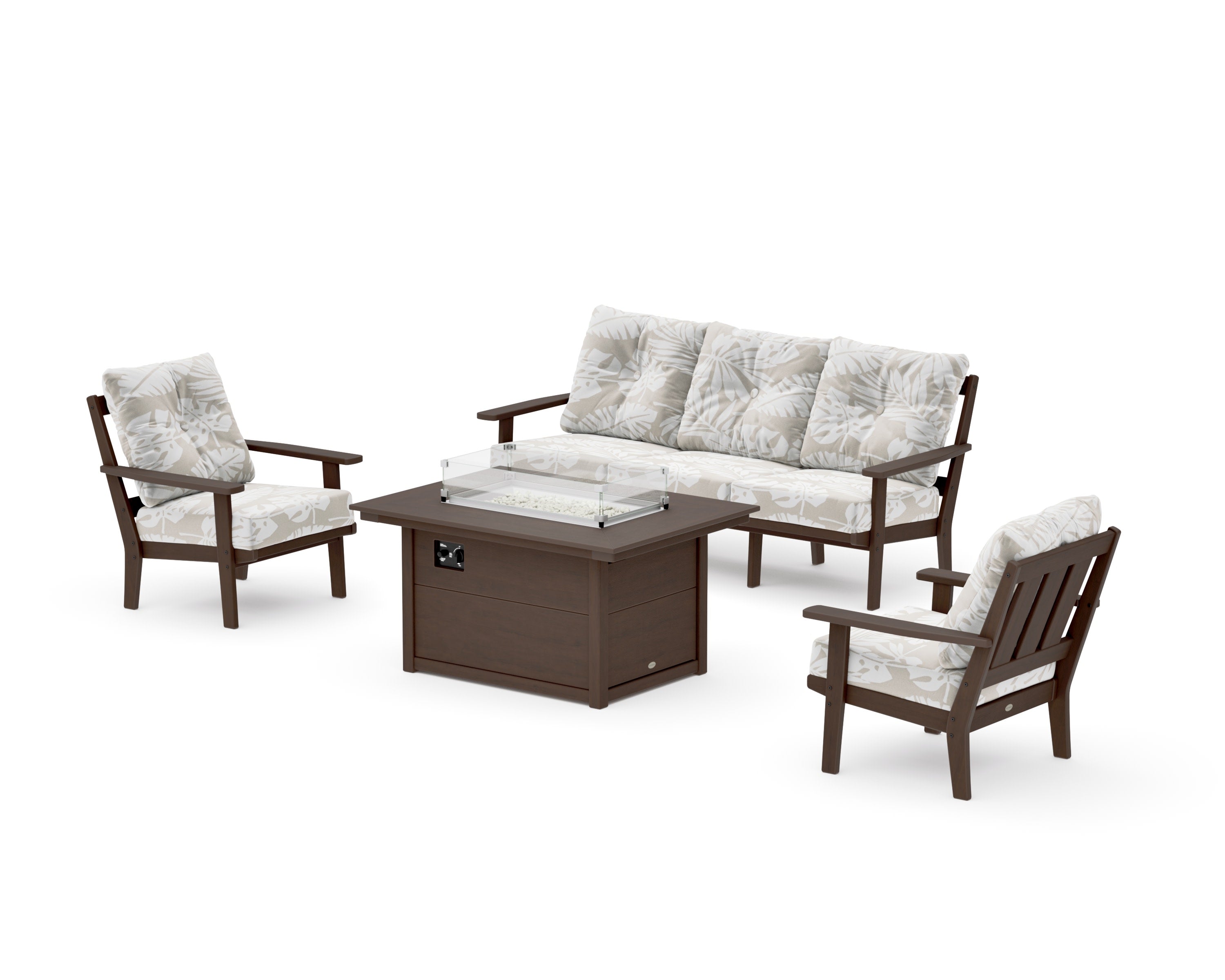Oxford Deep Seating Fire Pit Table Set in Kona / Leaf Dune Burlap