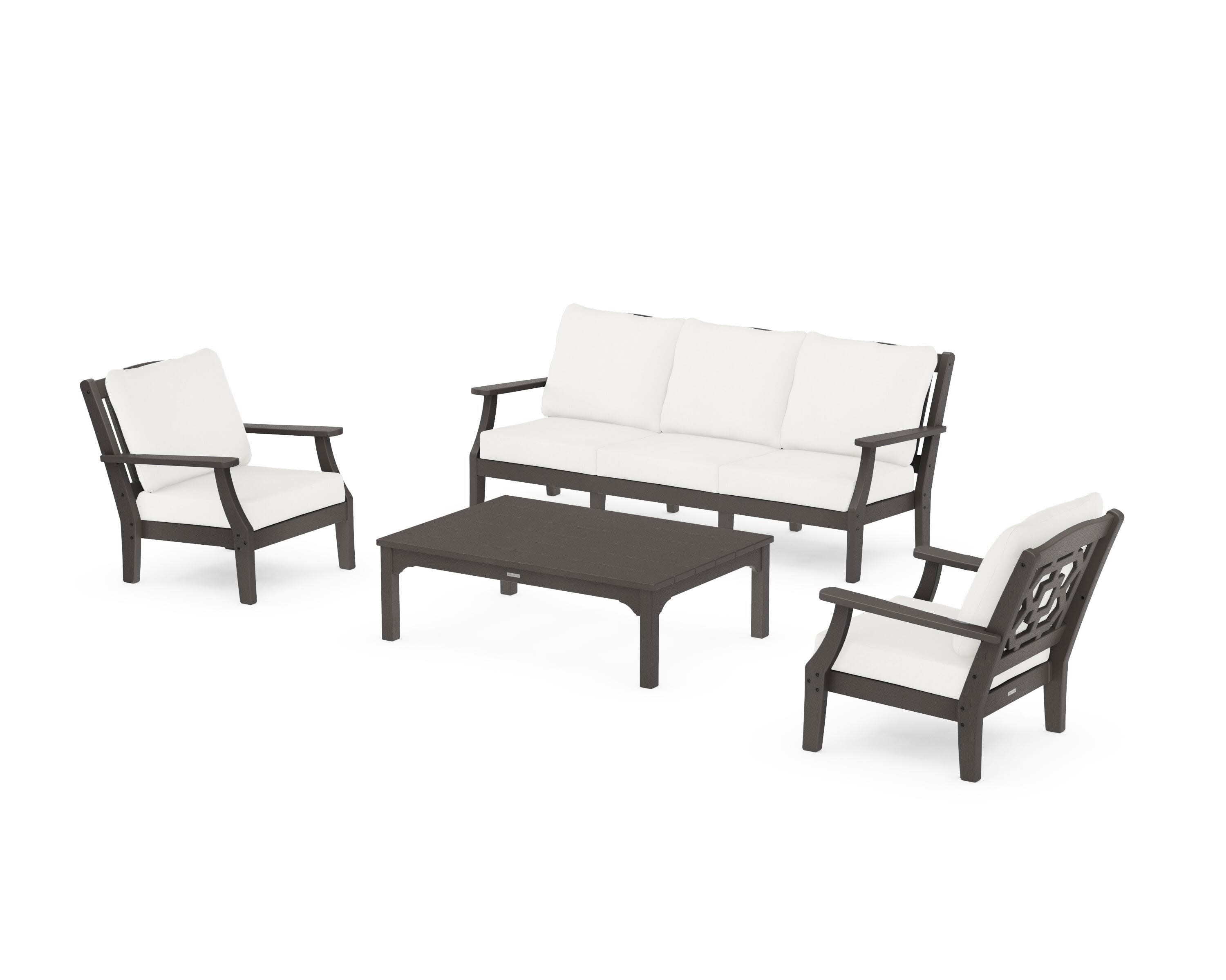 Chinoiserie 4-Piece Deep Seating Set with Sofa in Vintage Coffee / Natural Linen
