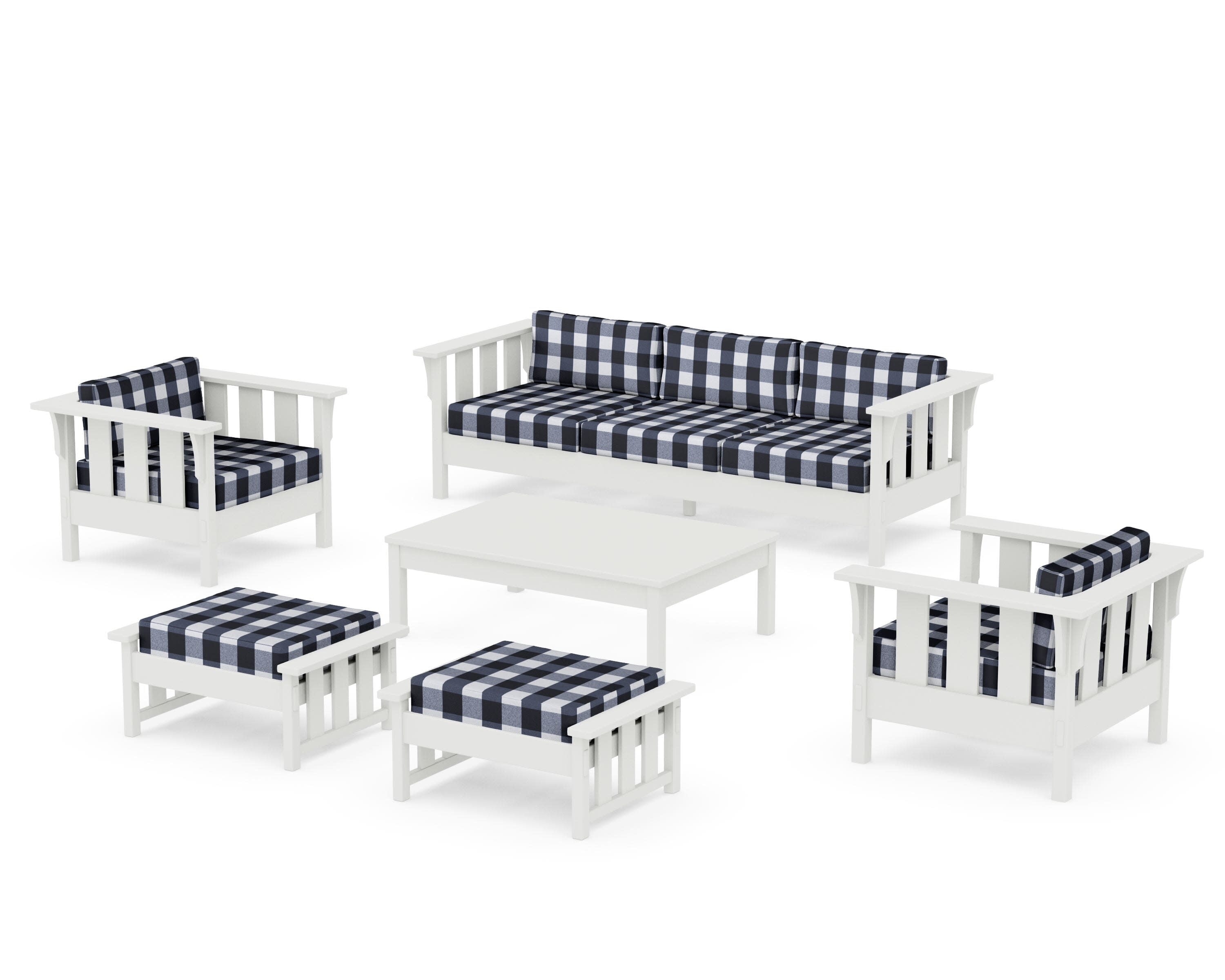 Acadia 6-Piece Lounge Sofa Set in Vintage White / Buffalo Plaid Marine Indigo