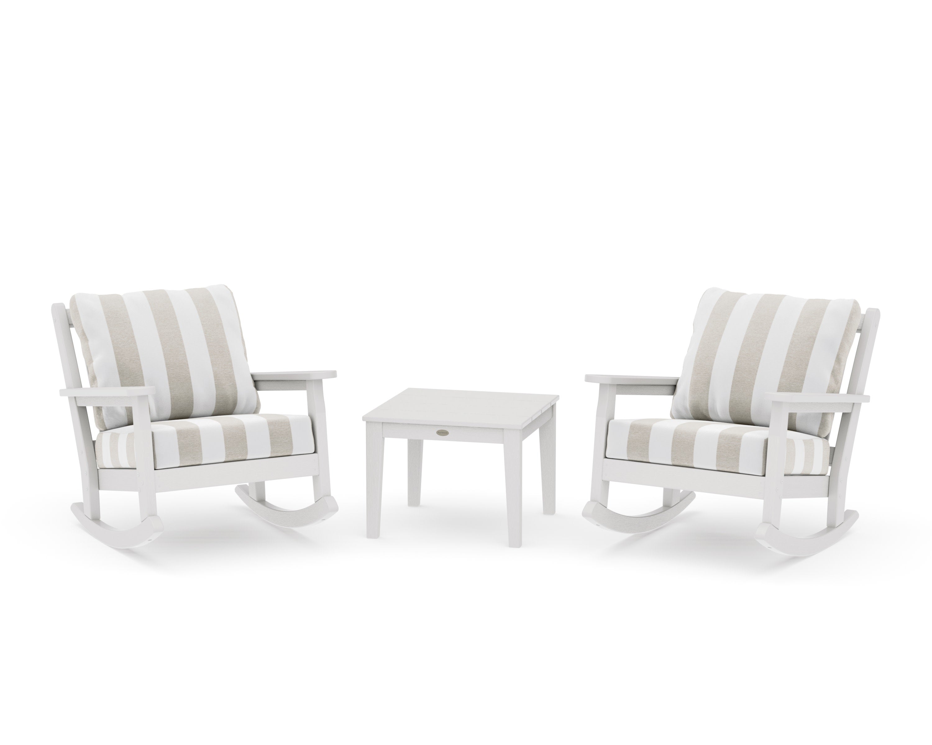 Chippendale 3-Piece Deep Seating Rocker Set in Vintage White / Cabana Stripe Dune Burlap