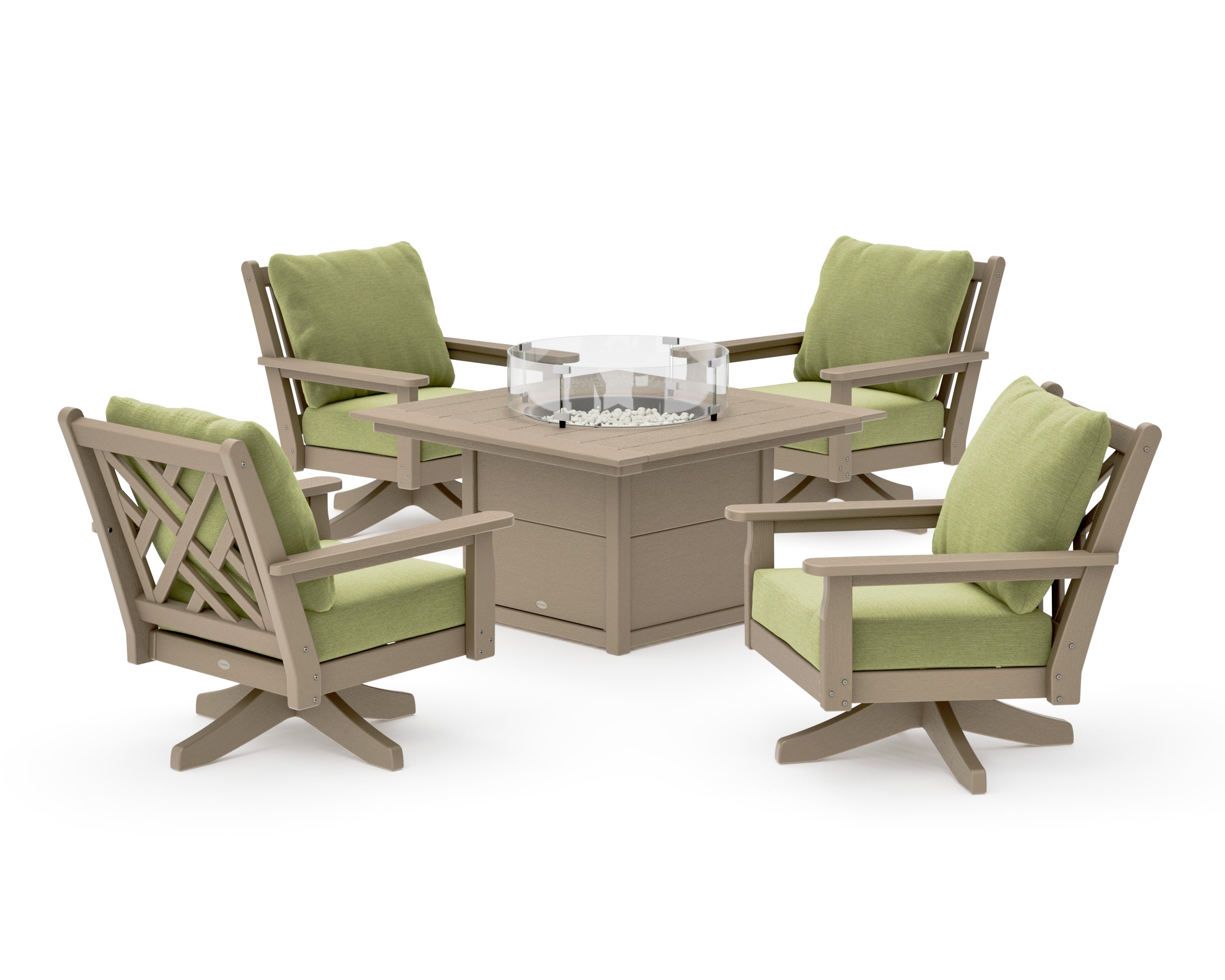 Chippendale 5-Piece Deep Seating Swivel Conversation Set with Fire Pit Table in Vintage Sahara / Chartreuse Boucle