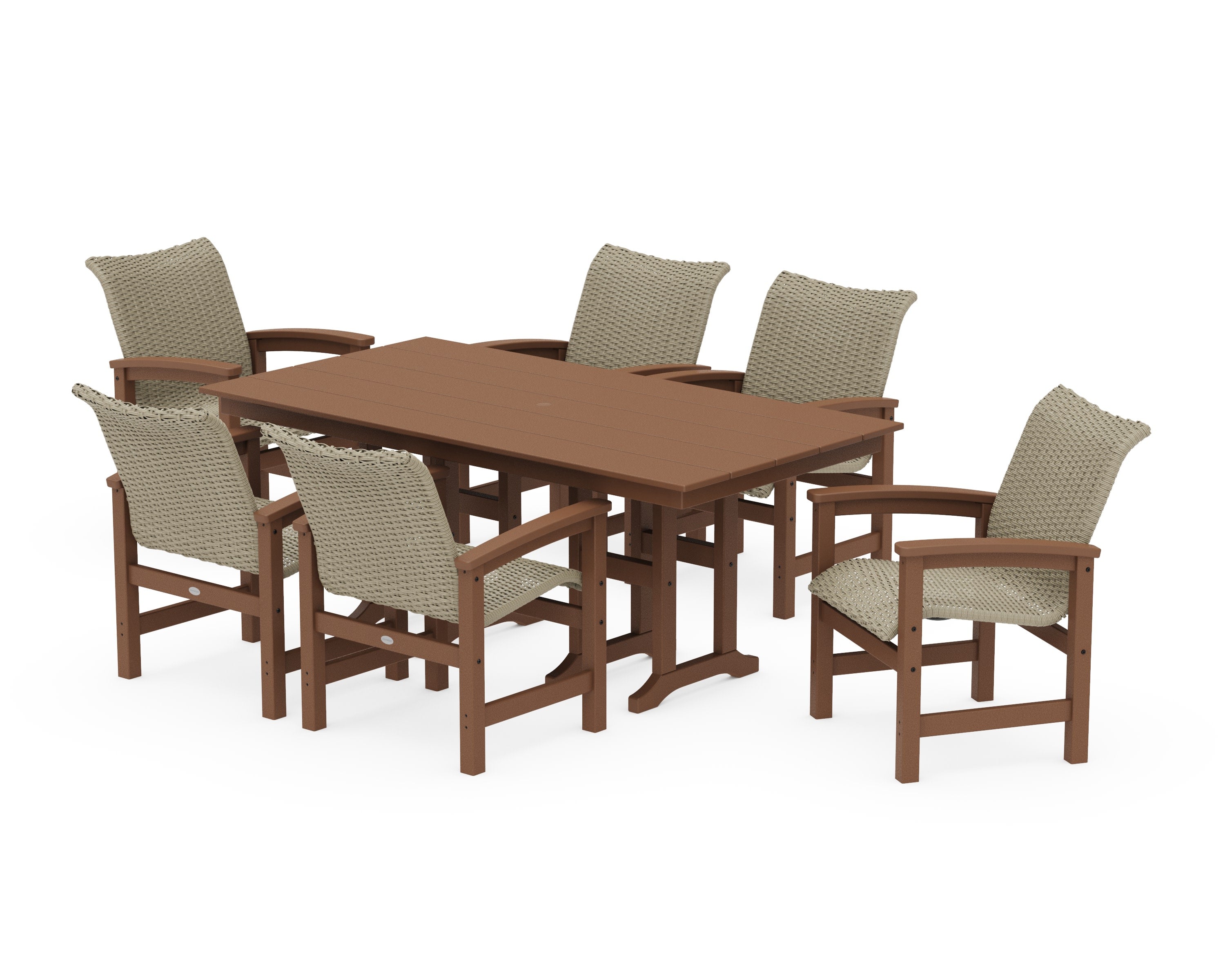 Coastal Woven Arm Chair 7-Piece Farmhouse Dining Set in Teak / Dune Grass