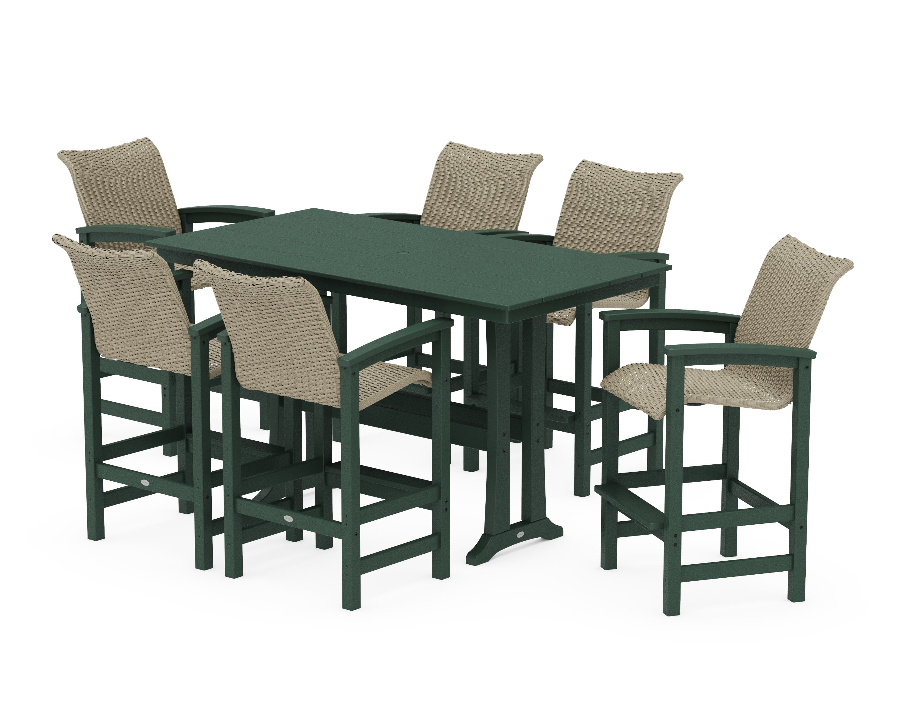 Coastal Woven Arm Chair 7-Piece Farmhouse Bar Set with Trestle Legs in Green / Dune Grass