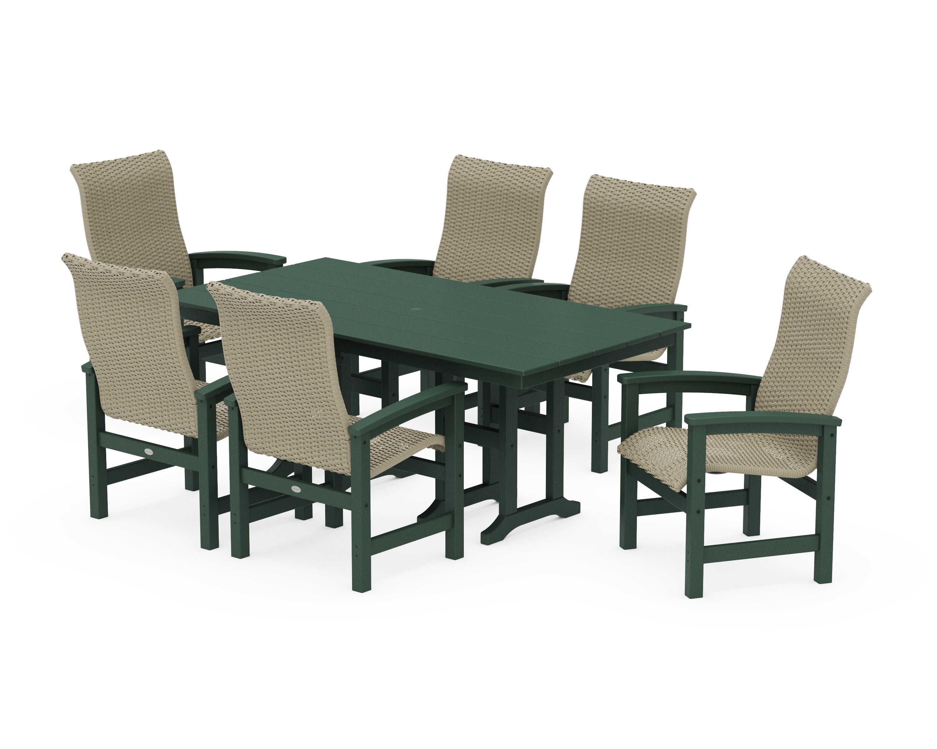 Coastal Woven High-Back Arm Chair 7-Piece Farmhouse Dining Set in Green / Dune Grass
