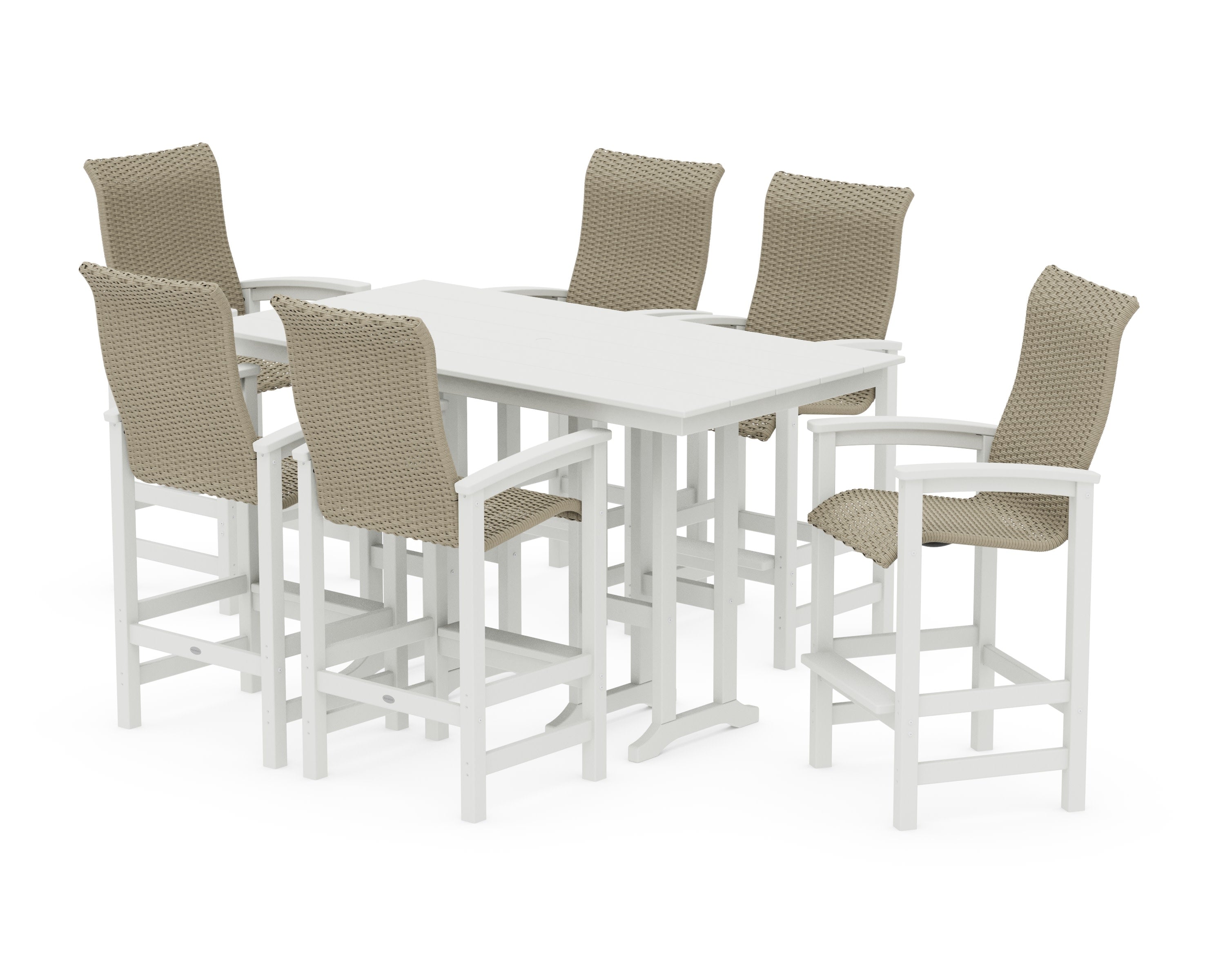 Coastal Woven High-Back Arm Chair 7-Piece Farmhouse Bar Set in White / Dune Grass