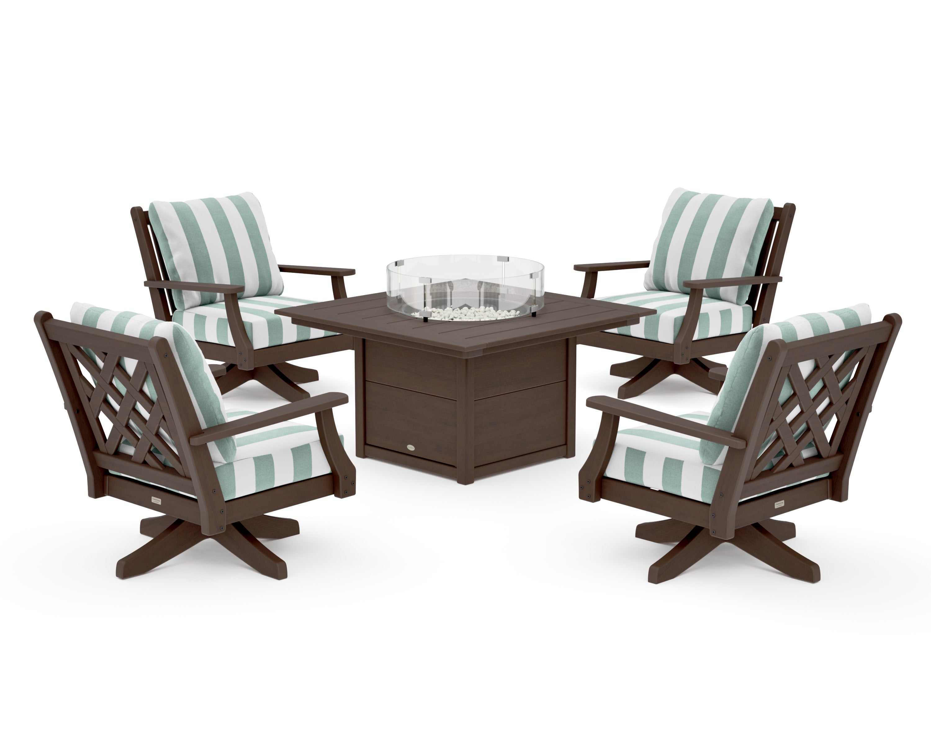 Wovendale 5-Piece Deep Seating Swivel Conversation Set with Fire Pit Table in Kona / Cabana Stripe Glacier Spa