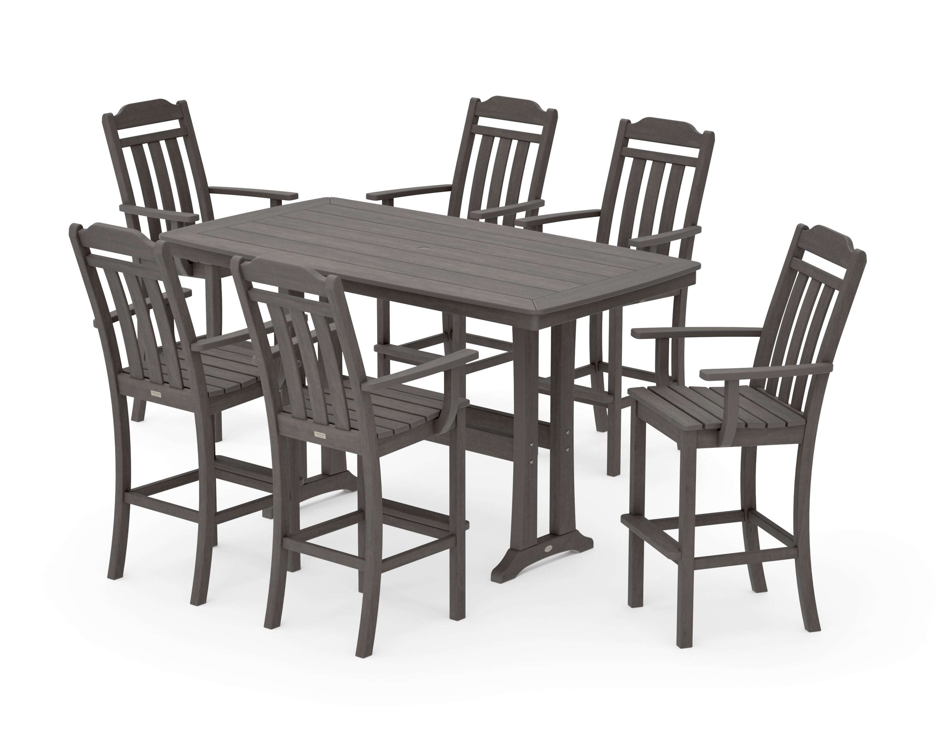 Cottage Arm Chair 7-Piece Bar Set with Trestle Legs in Driftwood