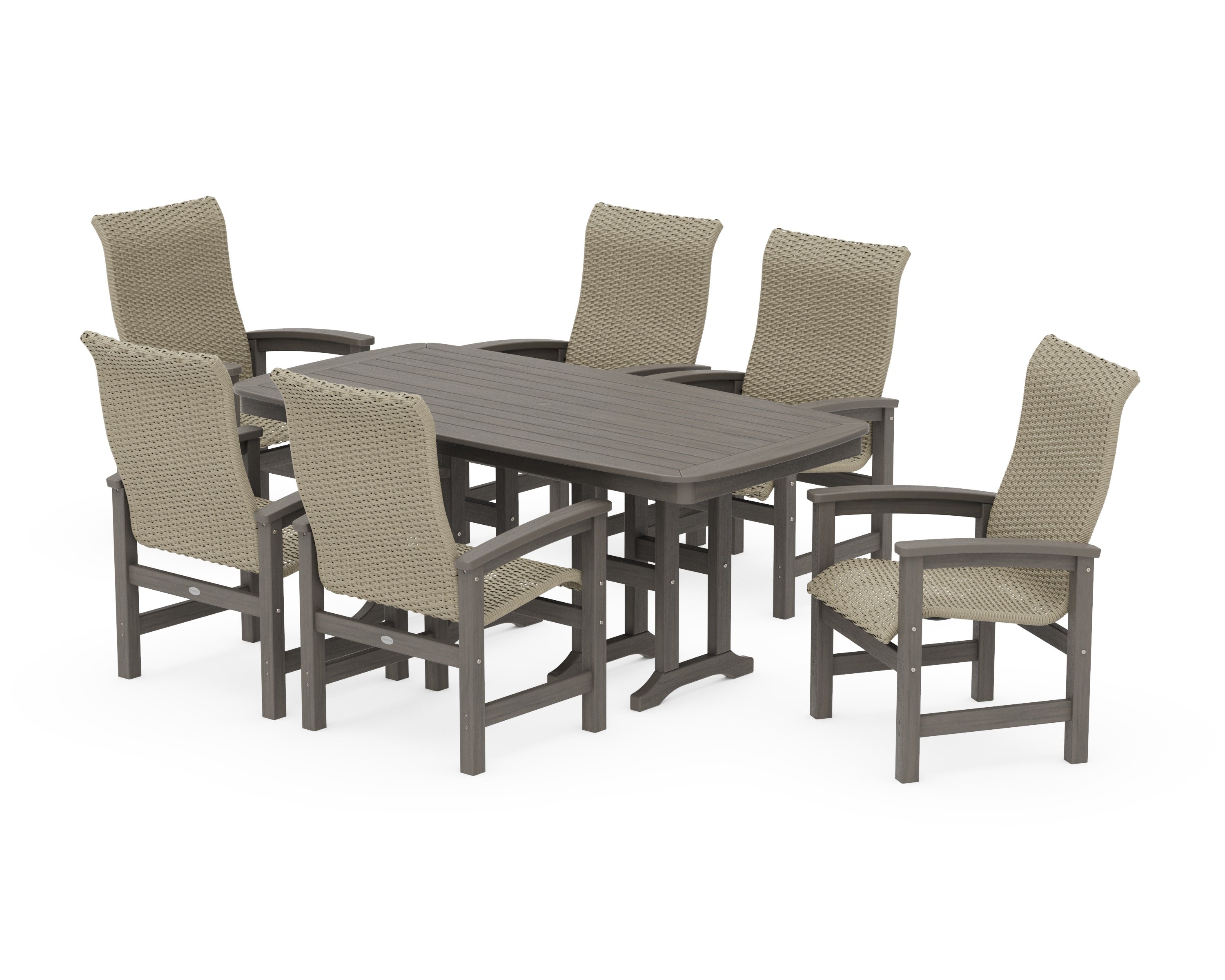 Coastal Woven High-Back Arm Chair 7-Piece Dining Set in Driftwood / Dune Grass