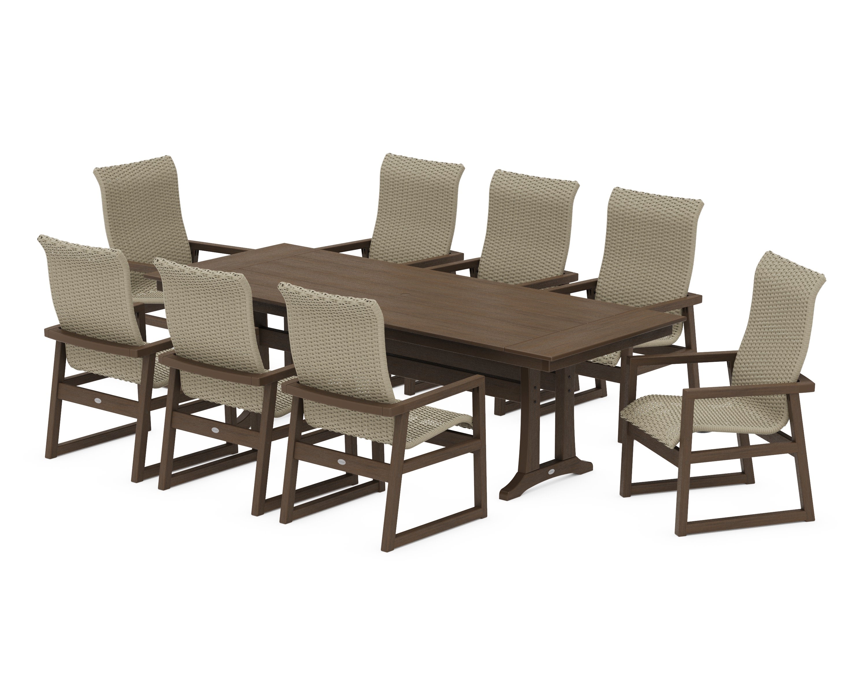 EDGE Woven Highback 9-Piece Farmhouse Dining Set with Trestle Legs in Kona / Dune Grass