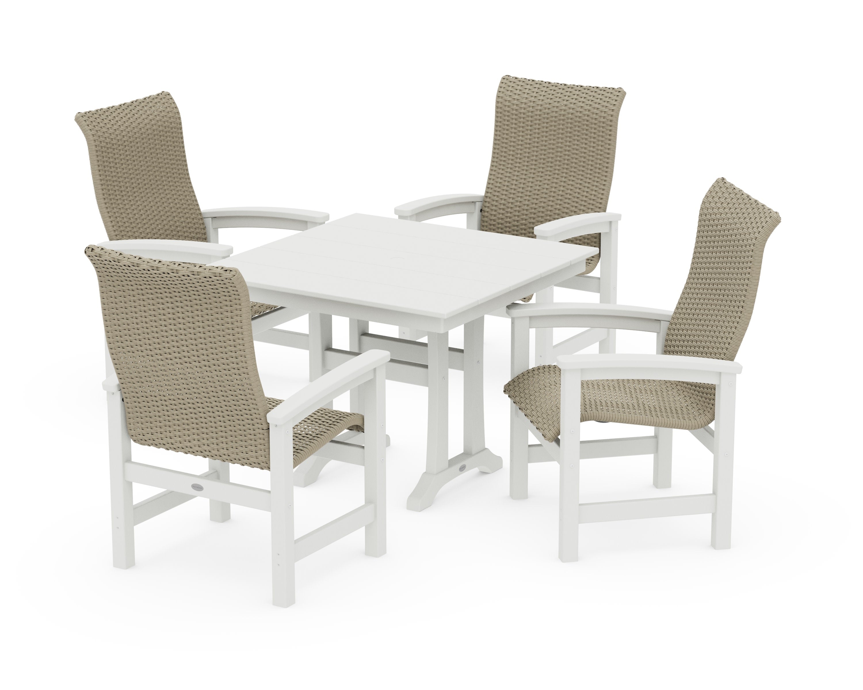 Coastal Woven High-Back 5-Piece Farmhouse Dining Set with Trestle Legs in Vintage White / Dune Grass