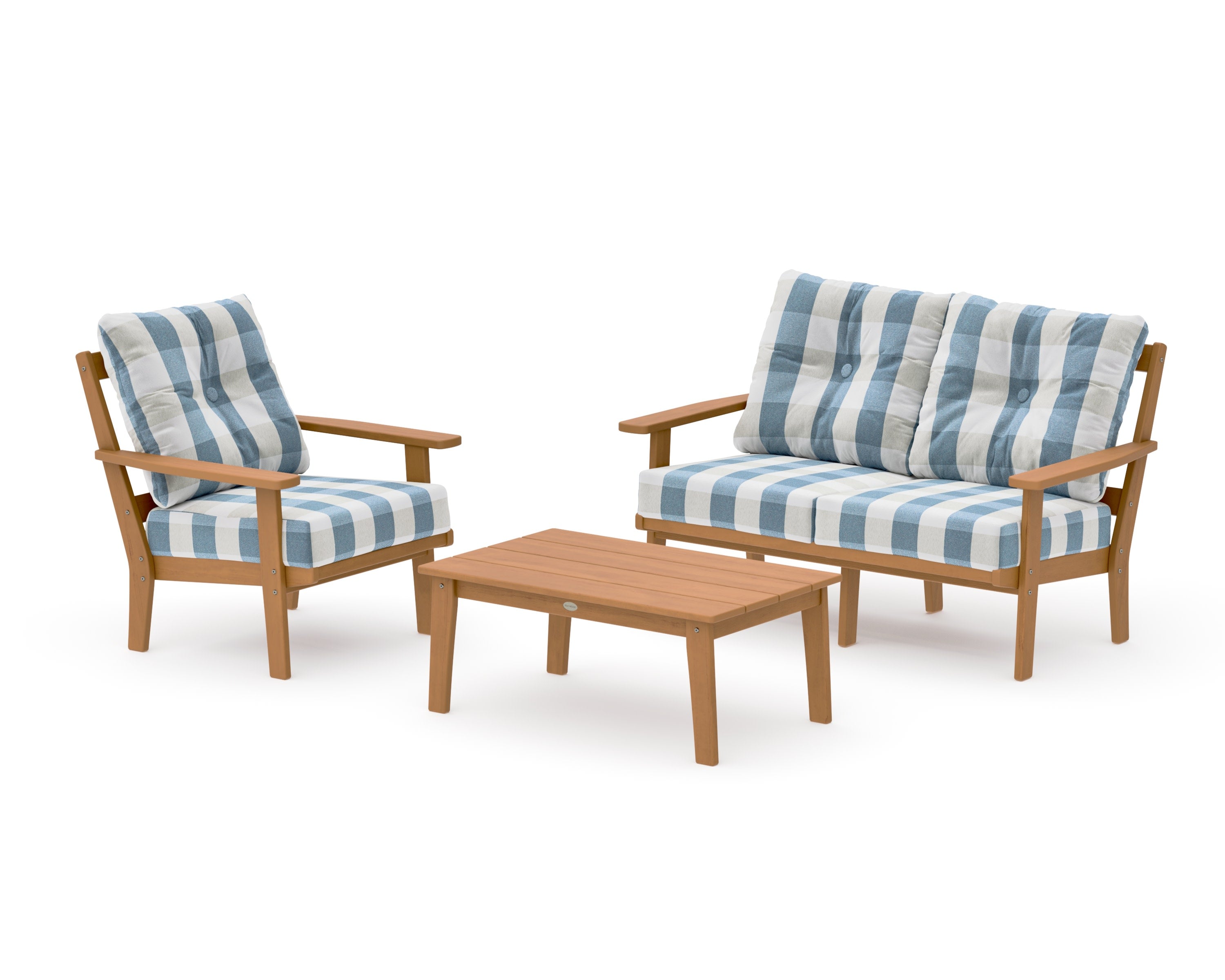 Oxford 3-Piece Deep Seating Set with Loveseat in Natural / Buffalo Plaid Sky Blue