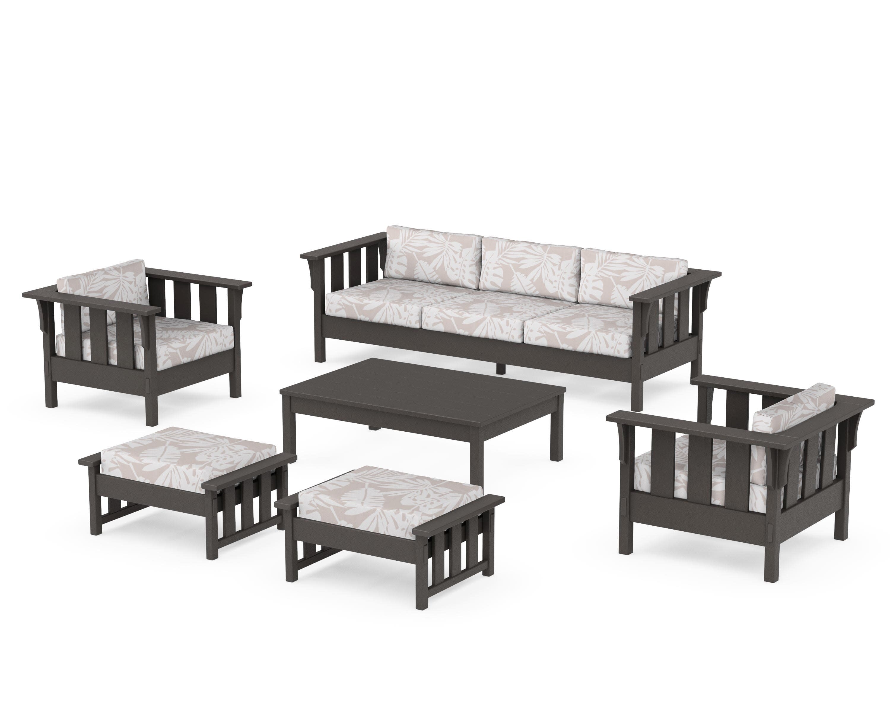 Acadia 6-Piece Lounge Sofa Set in Vintage Coffee / Leaf Dune Burlap