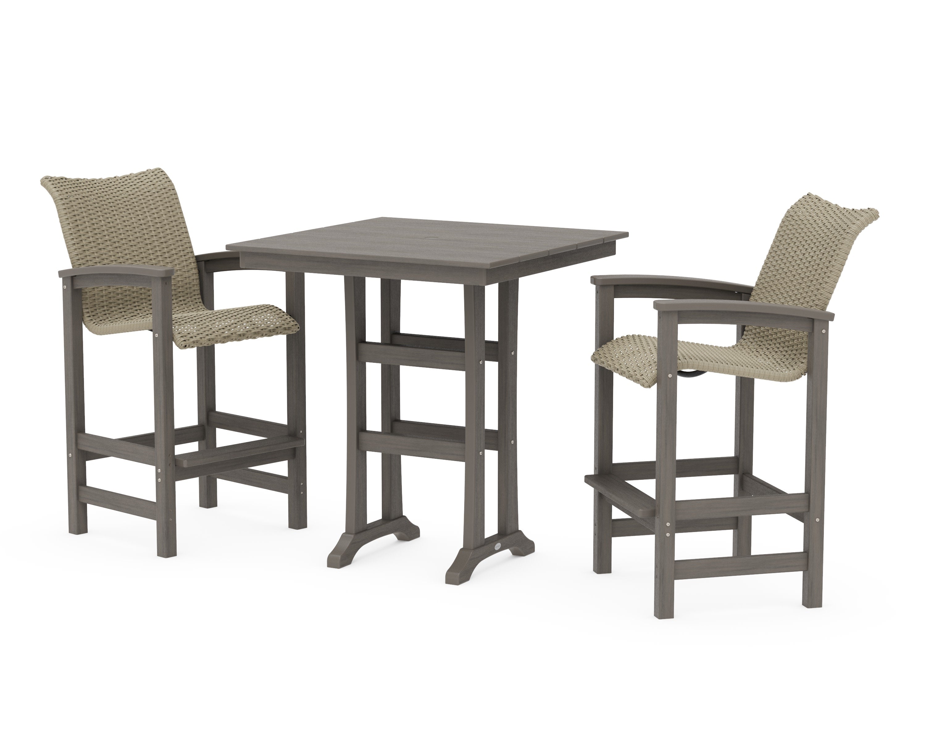 Coastal Woven 3-Piece Farmhouse Bar Set with Trestle Legs in Driftwood / Dune Grass