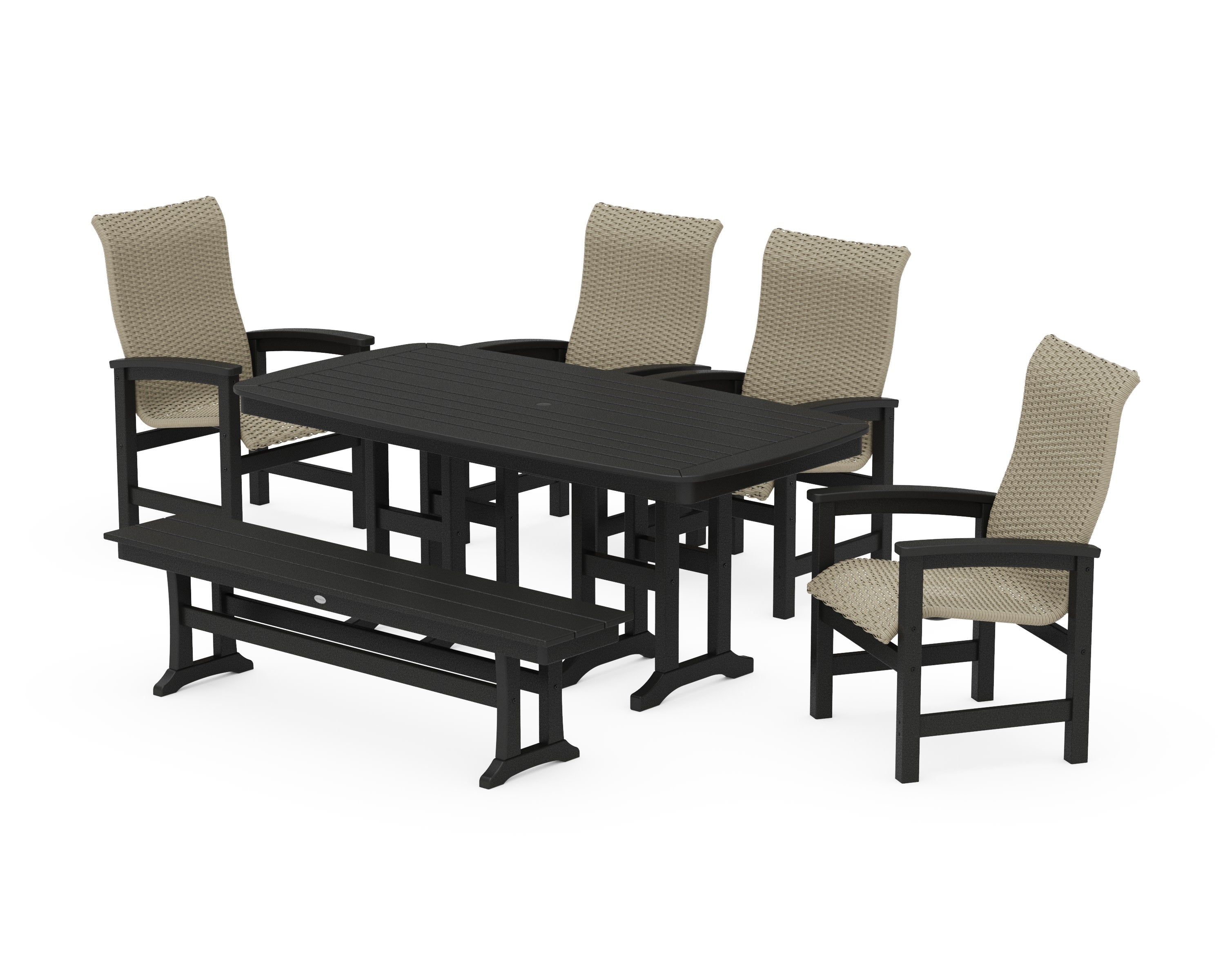Coastal Woven High-Back 6-Piece Farmhouse Dining Set with Bench in Black / Dune Grass