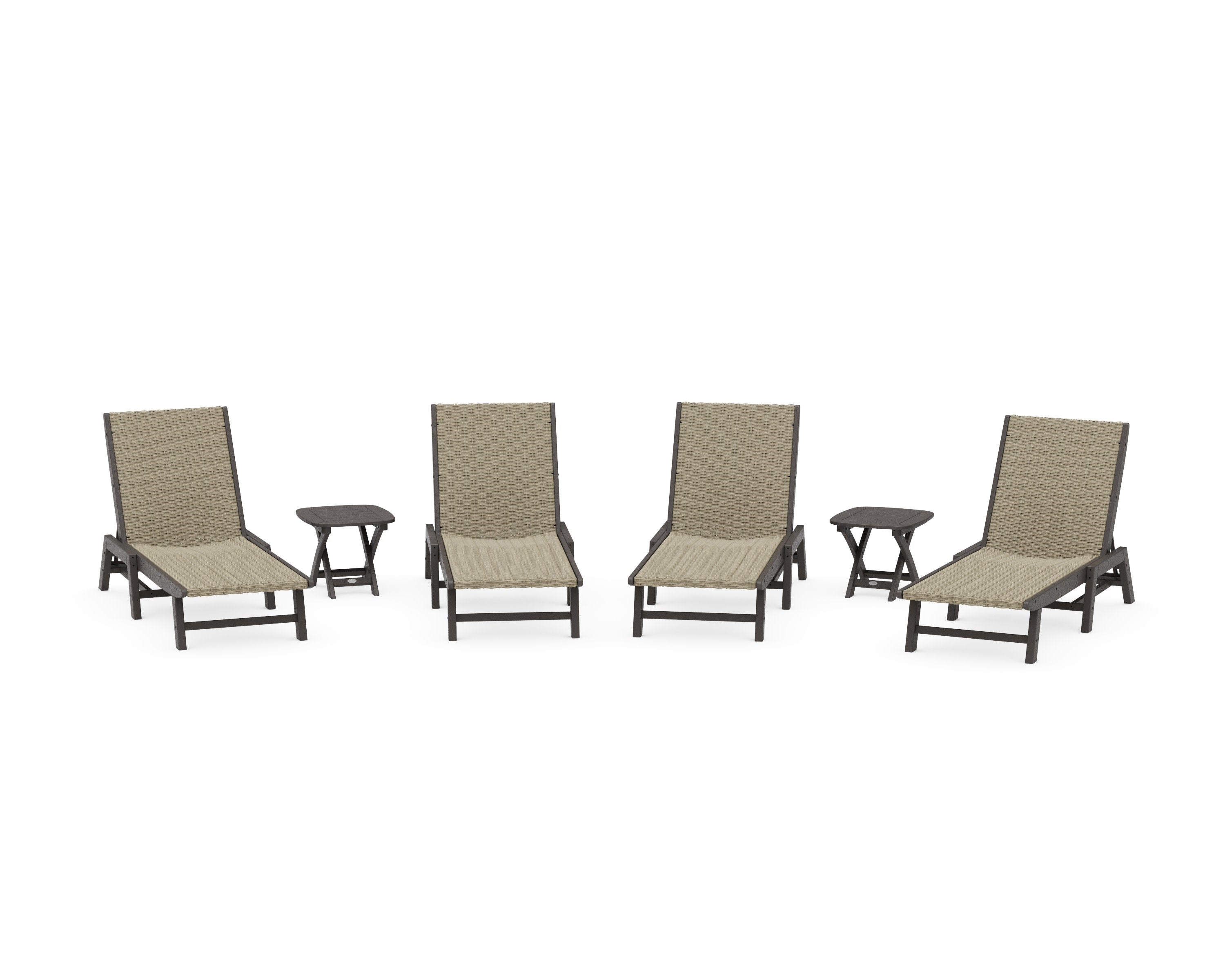 6- Piece Coastal Woven Chaise Chaise Lounge Set in Vintage Coffee / Dune Grass
