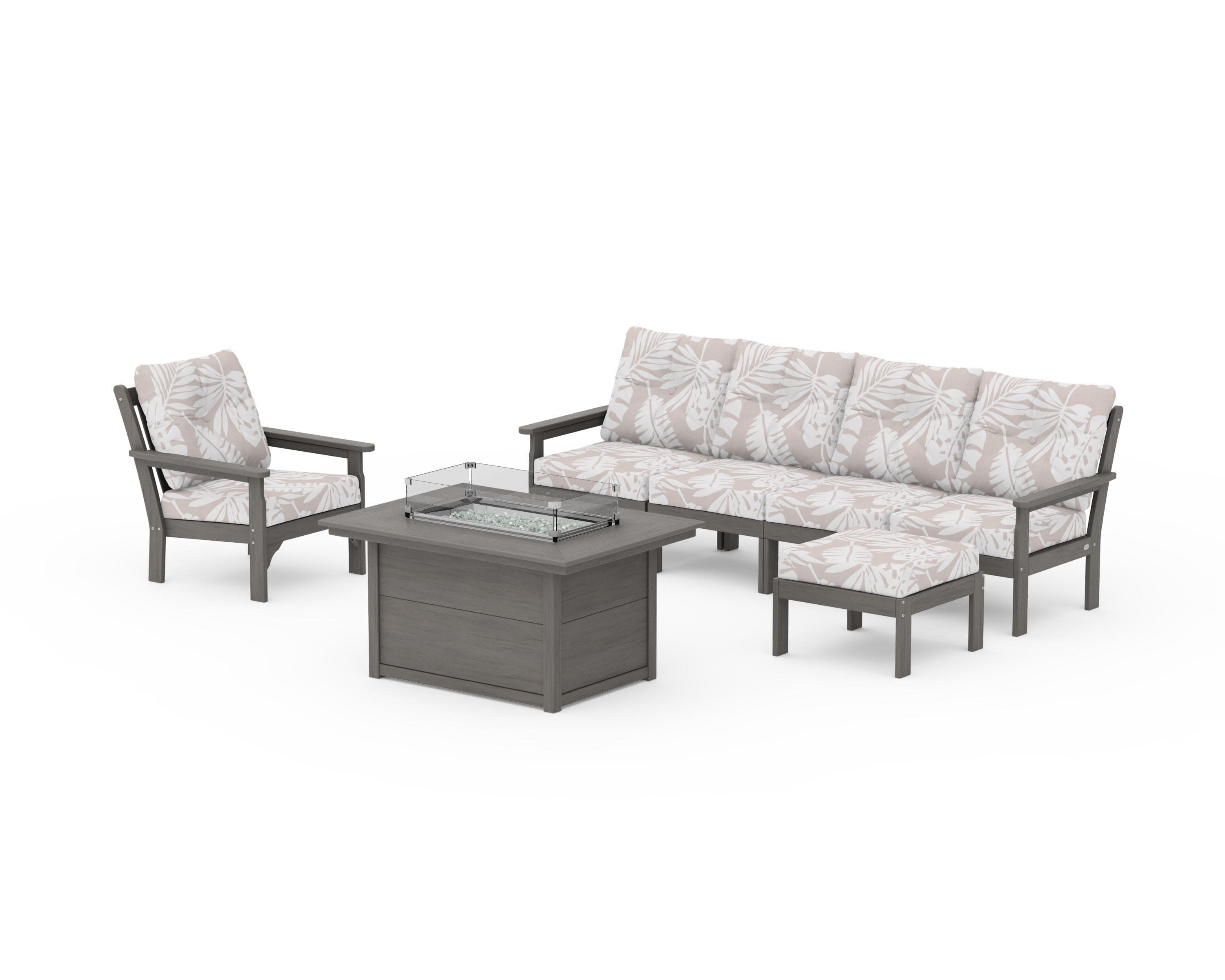 Vineyard Sectional Lounge and Fire Pit Set in Driftwood / Leaf Dune Burlap