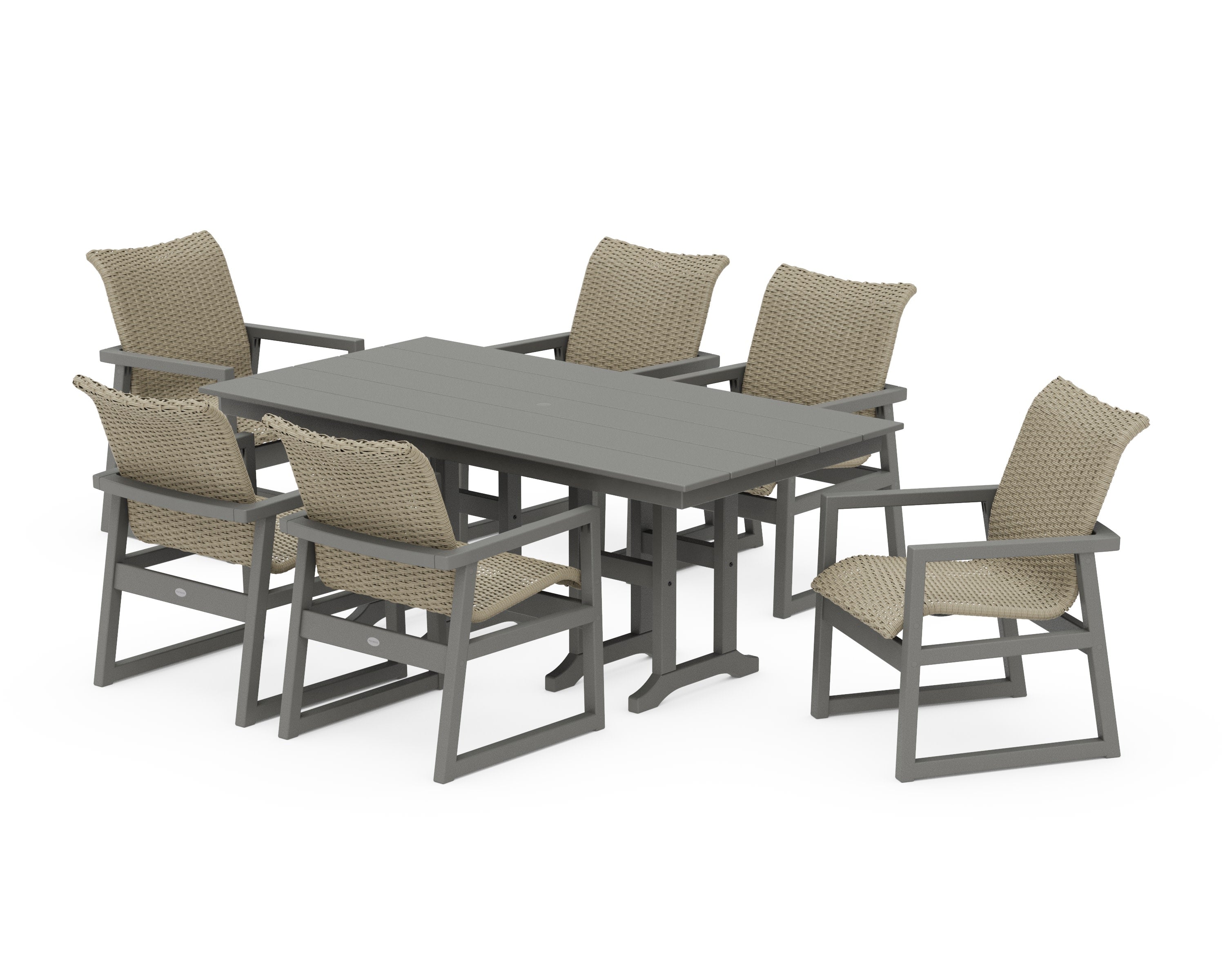 EDGE Woven Arm Chair 7-Piece Farmhouse Dining Set in Slate Grey / Dune Grass