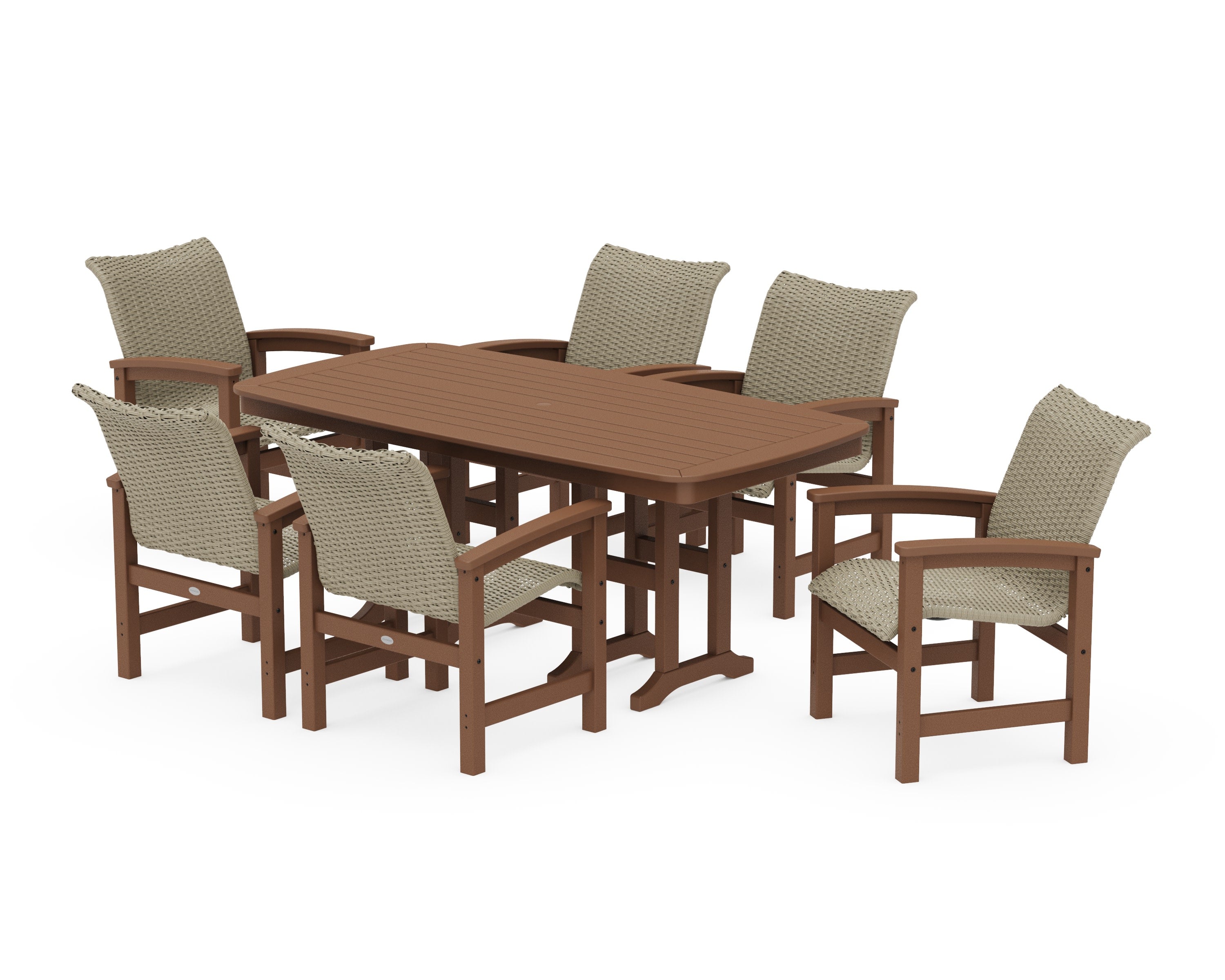 Coastal Woven Arm Chair 7-Piece Dining Set in Teak / Dune Grass