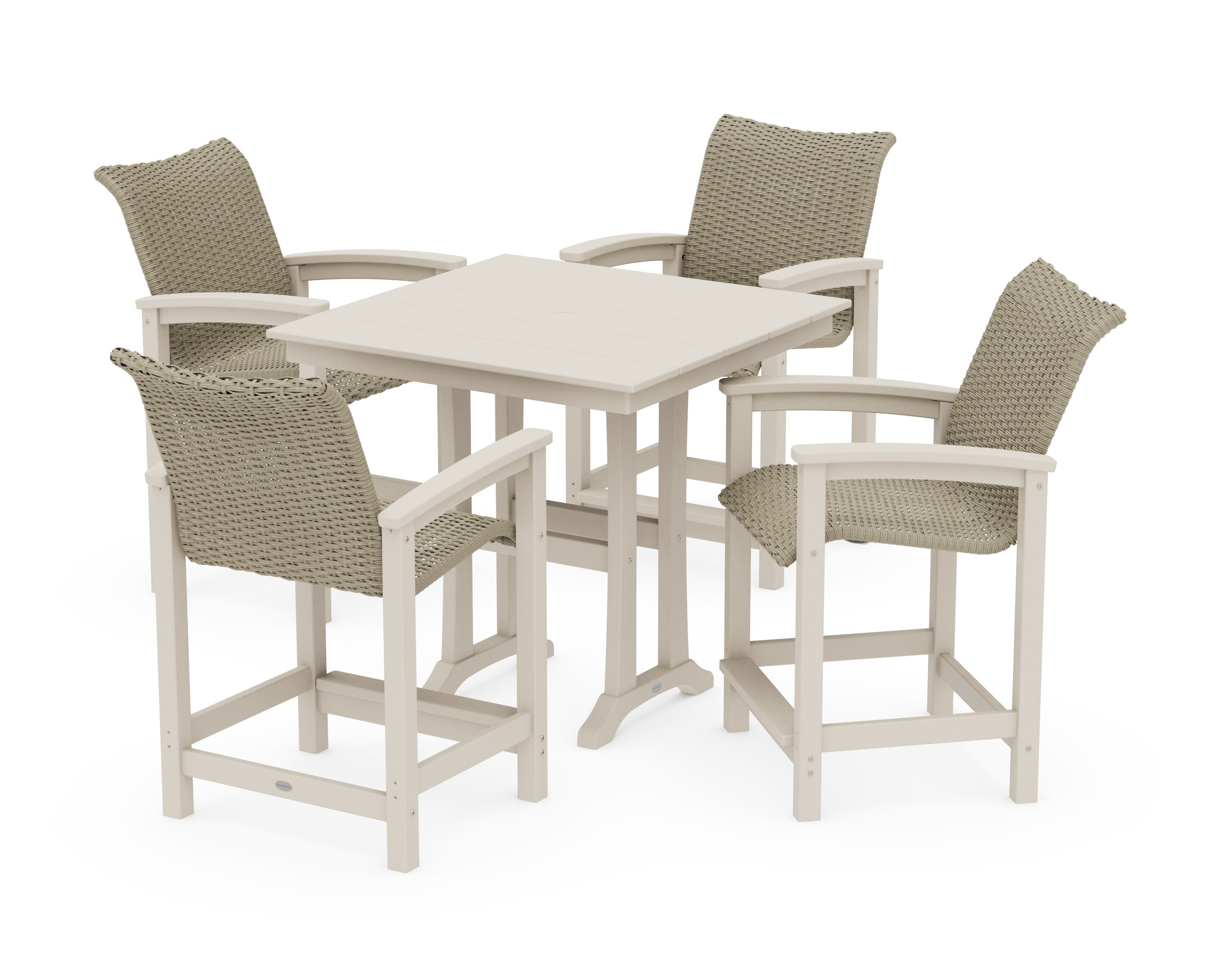 Coastal Woven 5-Piece Farmhouse Counter Set with Trestle Legs in Sand / Dune Grass
