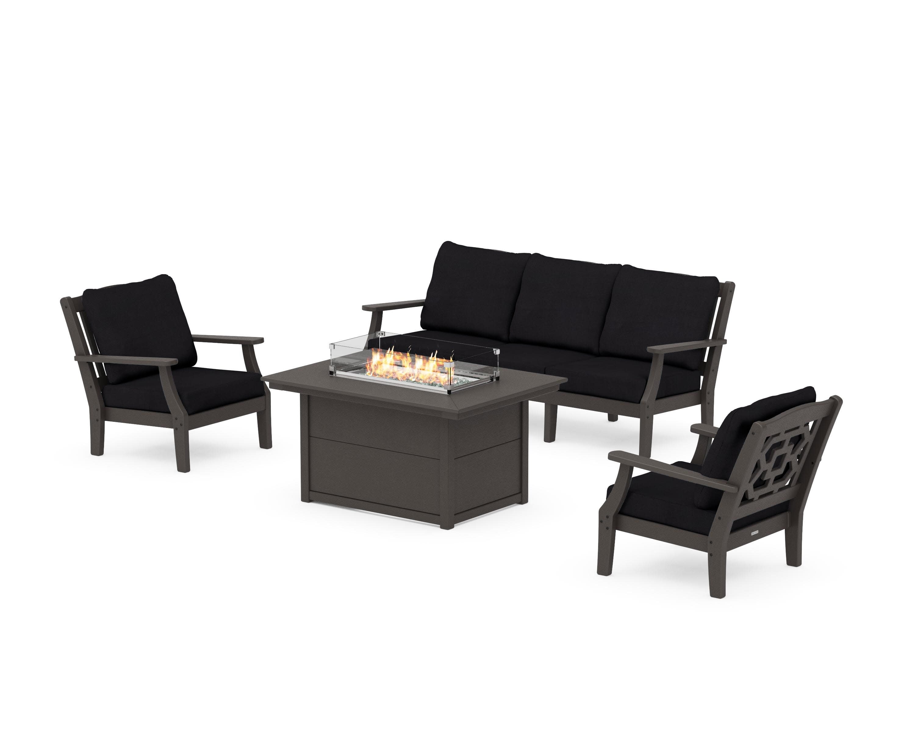 Chinoiserie Deep Seating Fire Pit Table Set in Vintage Coffee / Midnight Linen