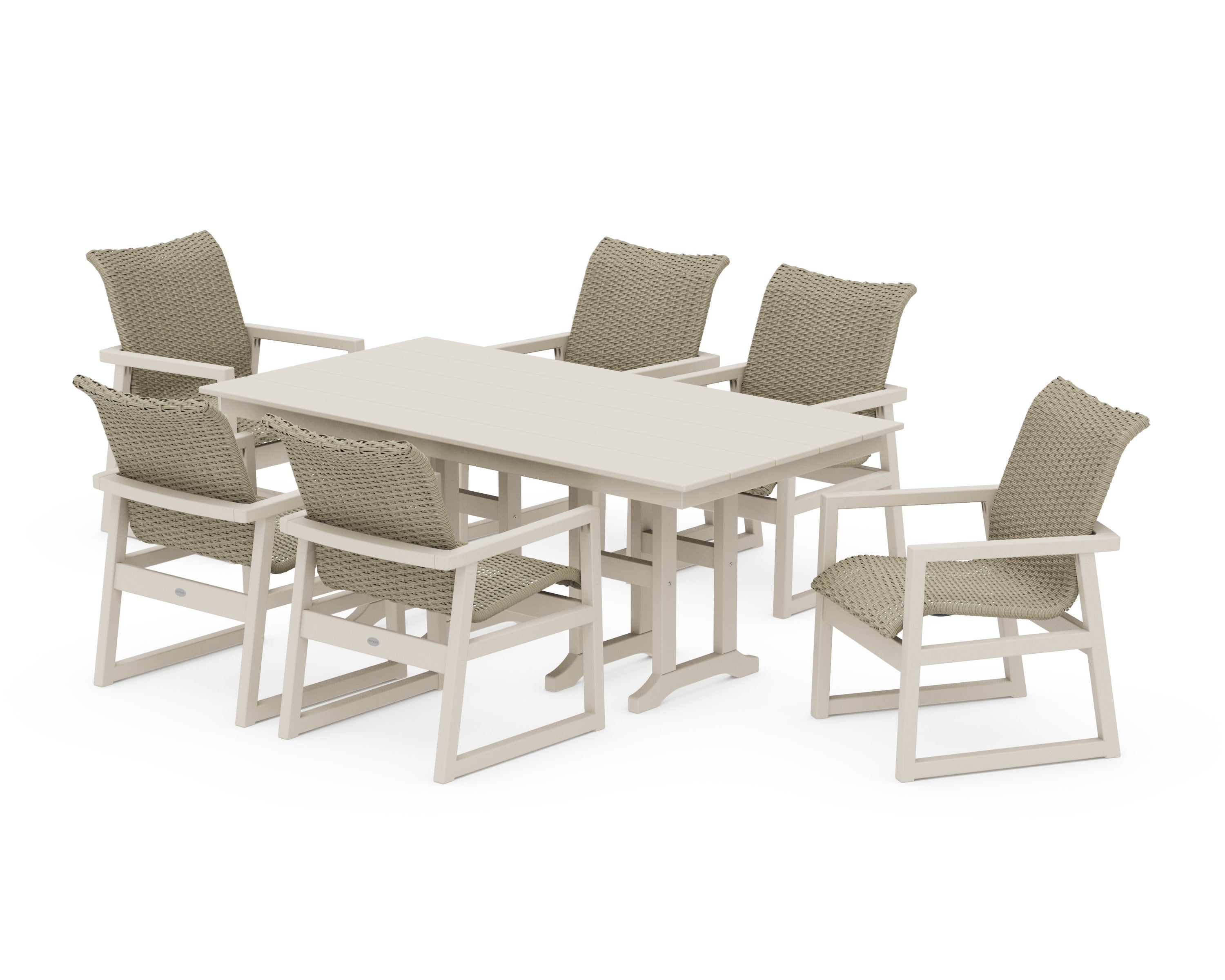 EDGE Woven Arm Chair 7-Piece Farmhouse Dining Set in Sand / Dune Grass