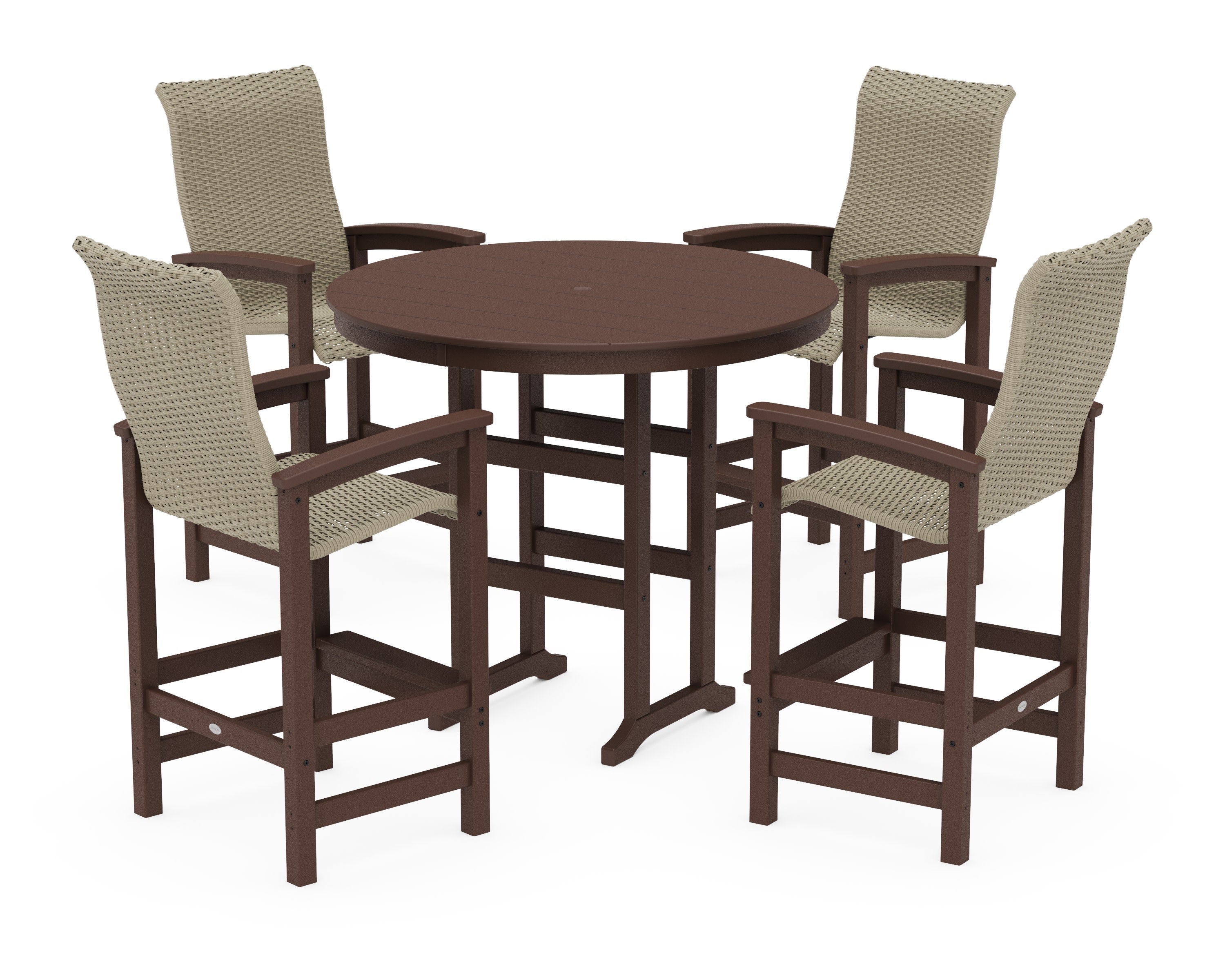 Coastal Woven High-Back 5-Piece Round Farmhouse Bar Set in Mahogany / Dune Grass