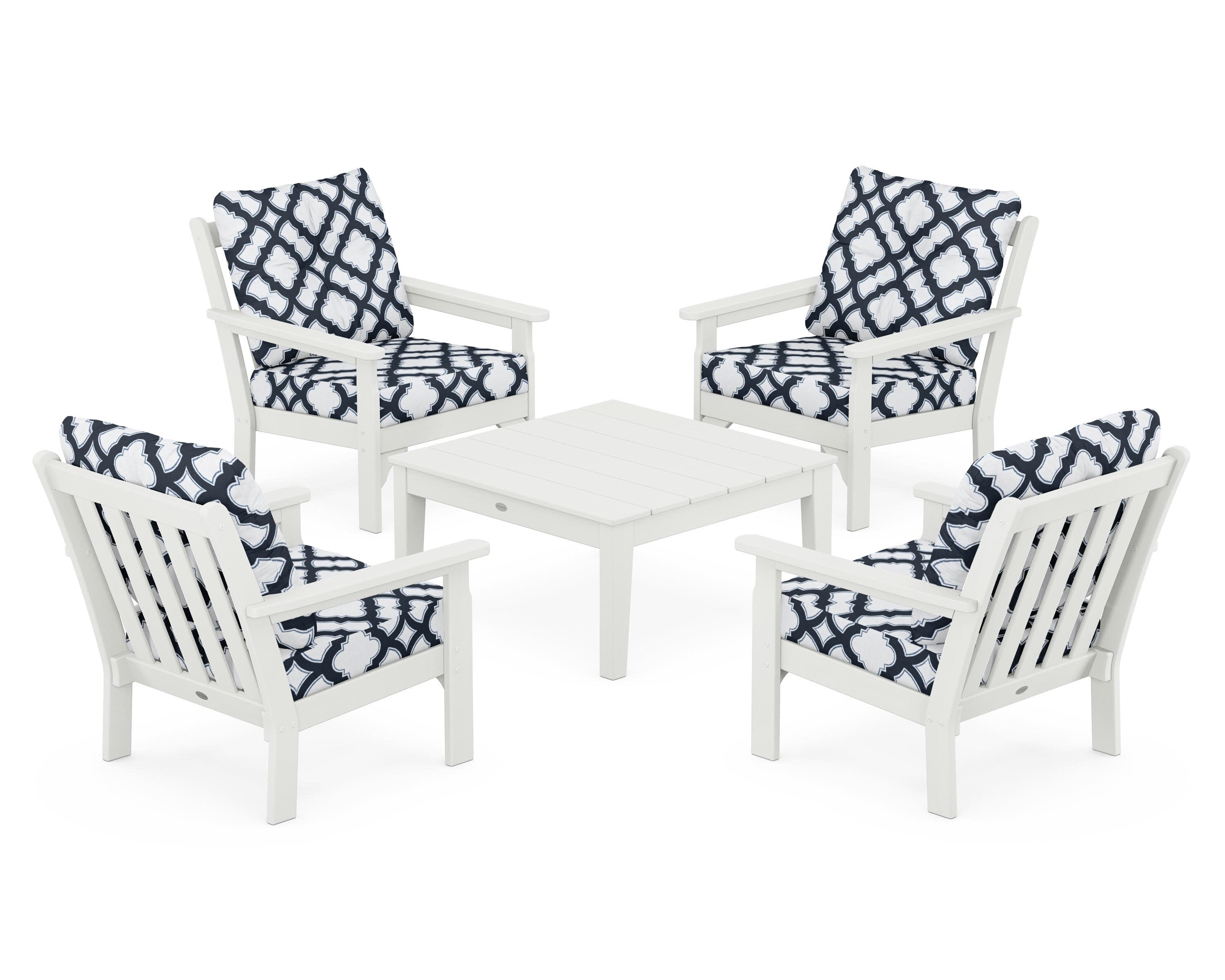 Vineyard 5-Piece Deep Seating Conversation Set in Vintage White / Trellis Marine Indigo