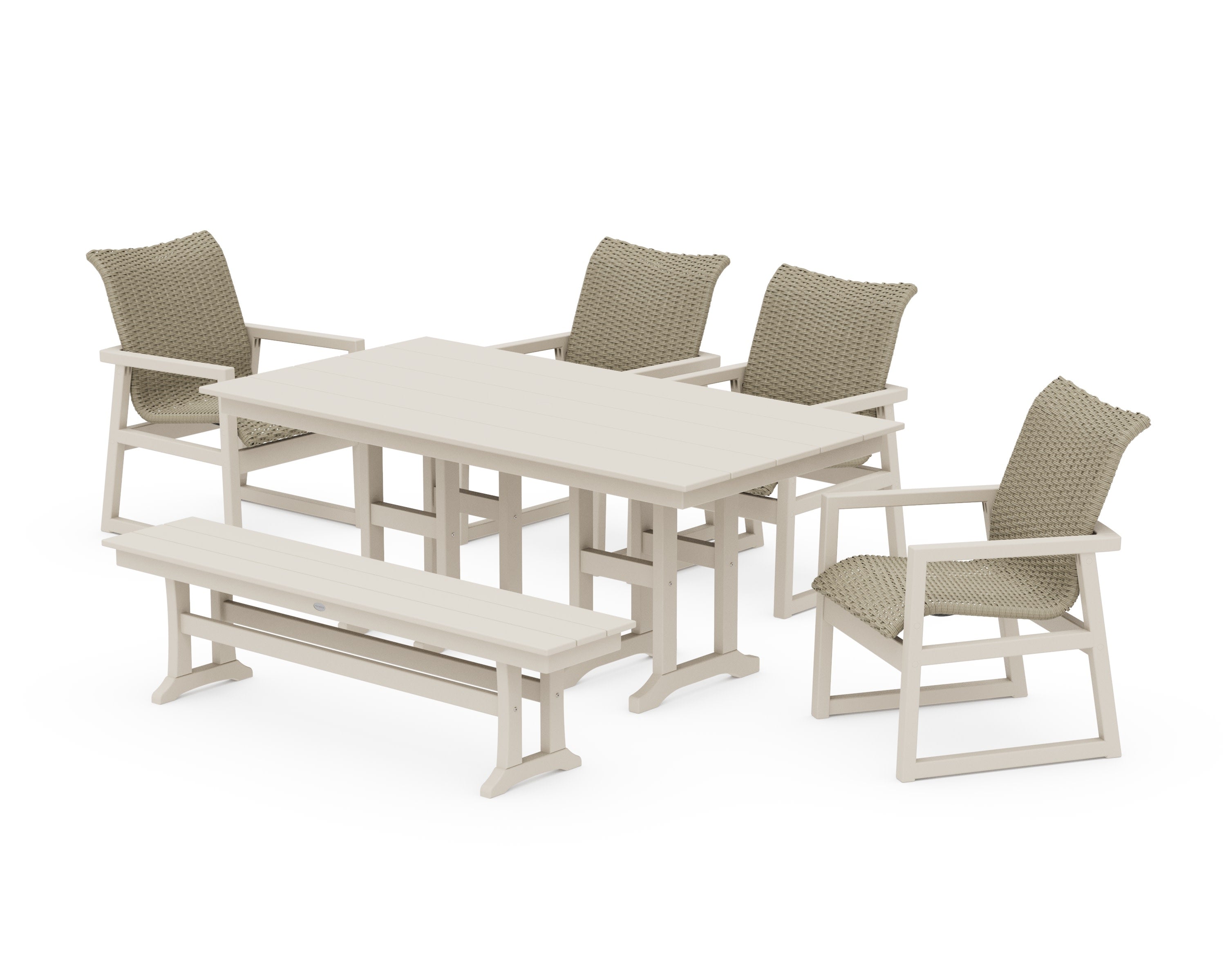 EDGE Woven 6-Piece Farmhouse Dining Set with Bench in Sand / Dune Grass