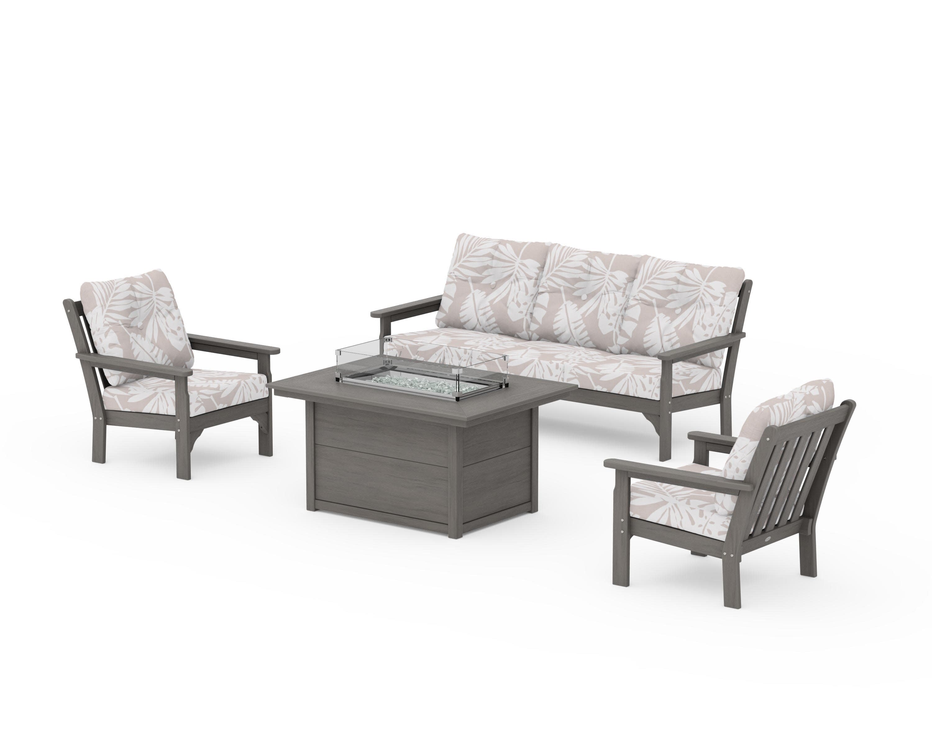 Vineyard Deep Seating Fire Pit Table Set in Driftwood / Leaf Dune Burlap