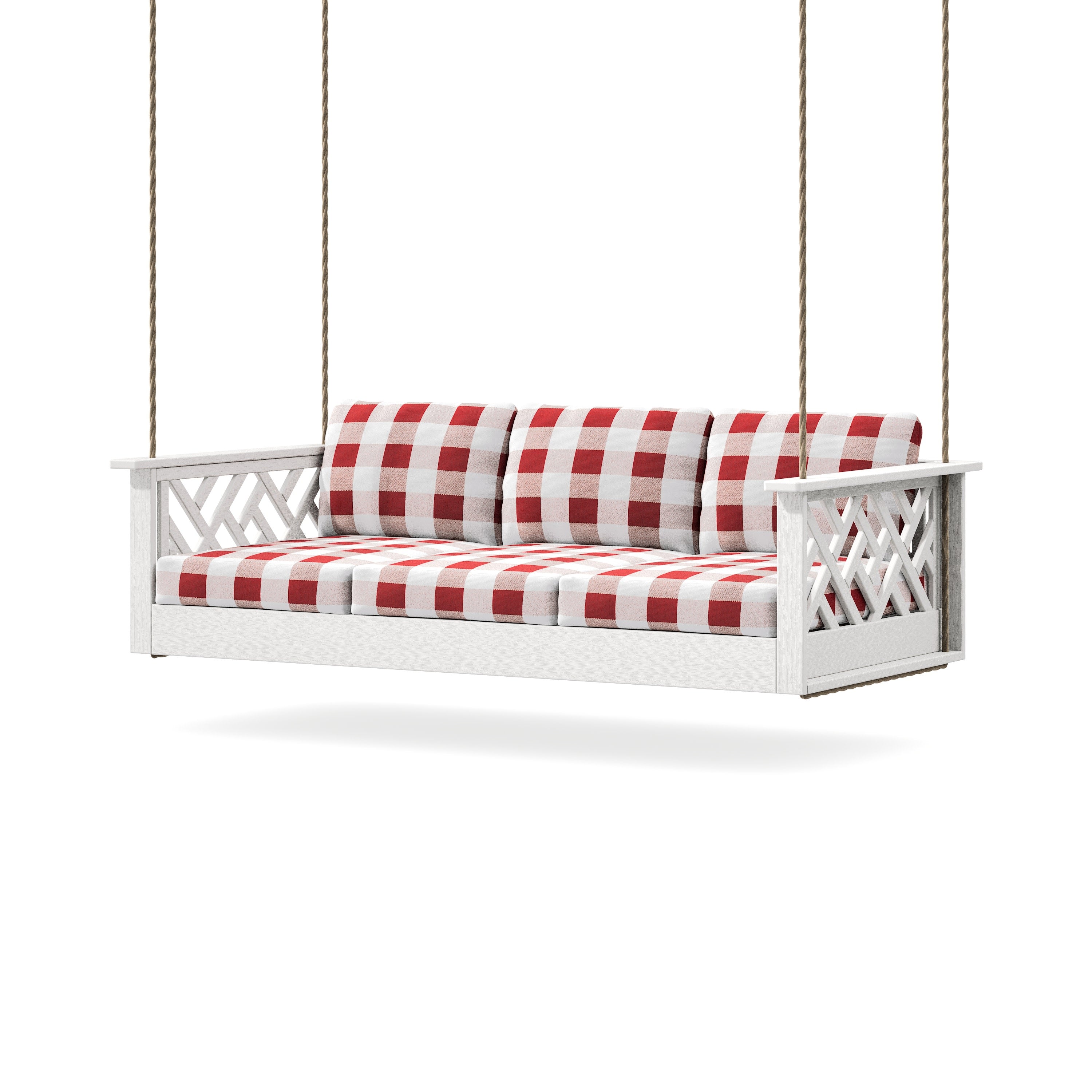 Chippendale Daybed Swing in Vintage White / Buffalo Plaid Crimson