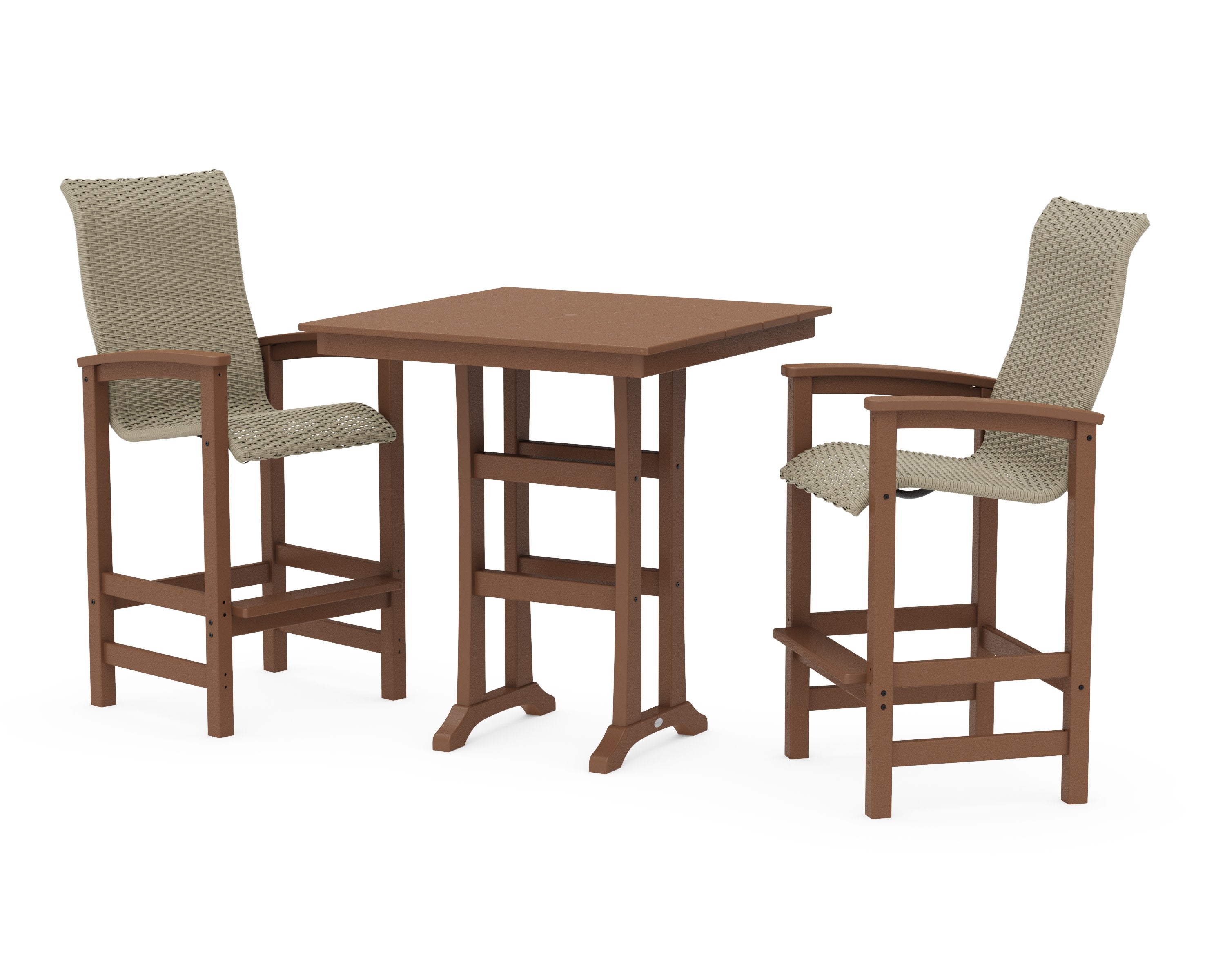 Coastal Woven High-Back 3-Piece Farmhouse Bar Set with Trestle Legs in Teak / Dune Grass