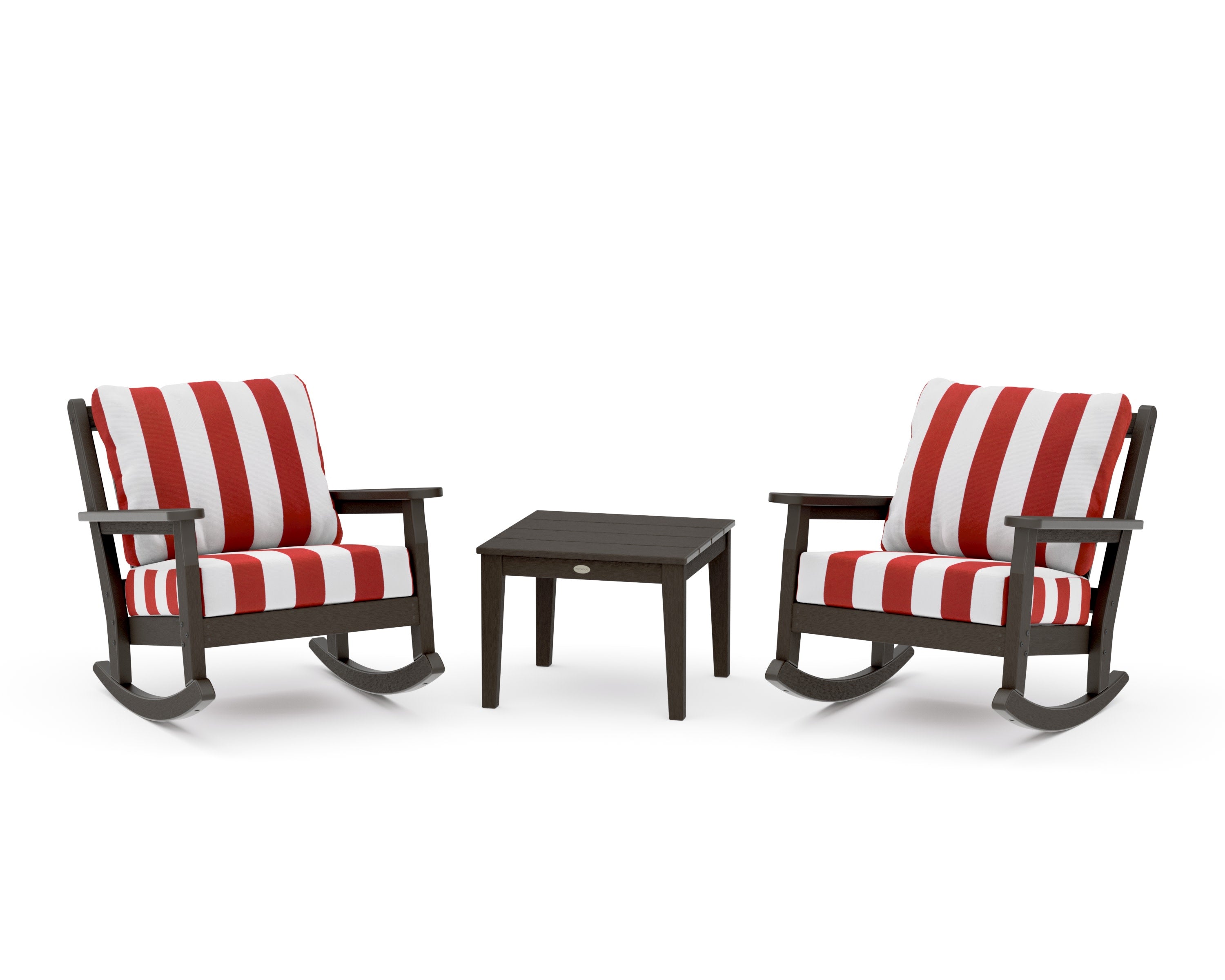 Chippendale 3-Piece Deep Seating Rocker Set in Vintage Coffee / Cabana Stripe Crimson
