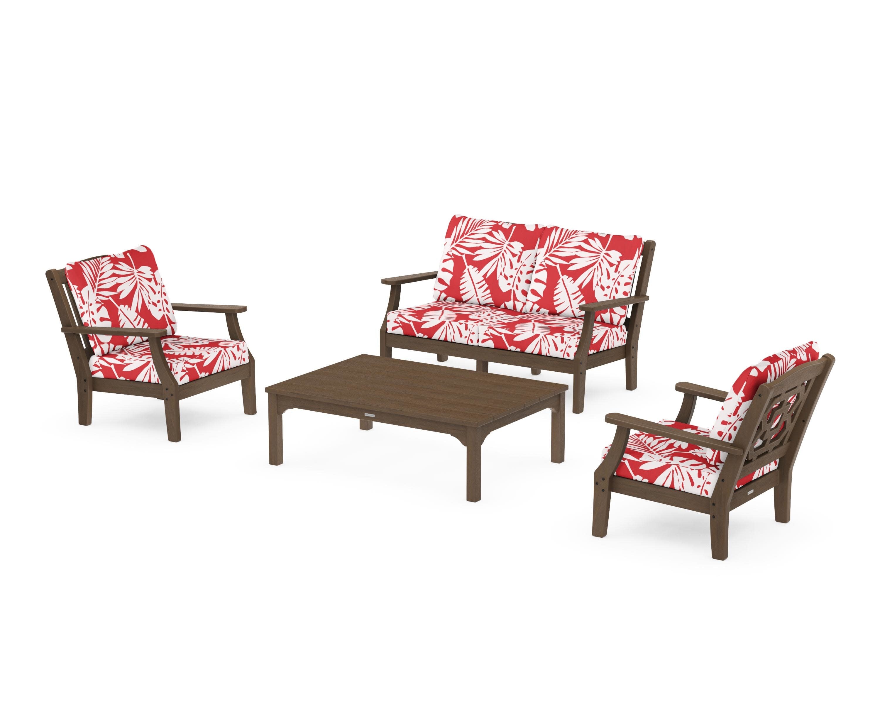 Chinoiserie 4-Piece Deep Seating Set with Loveseat in Kona / Leaf Crimson