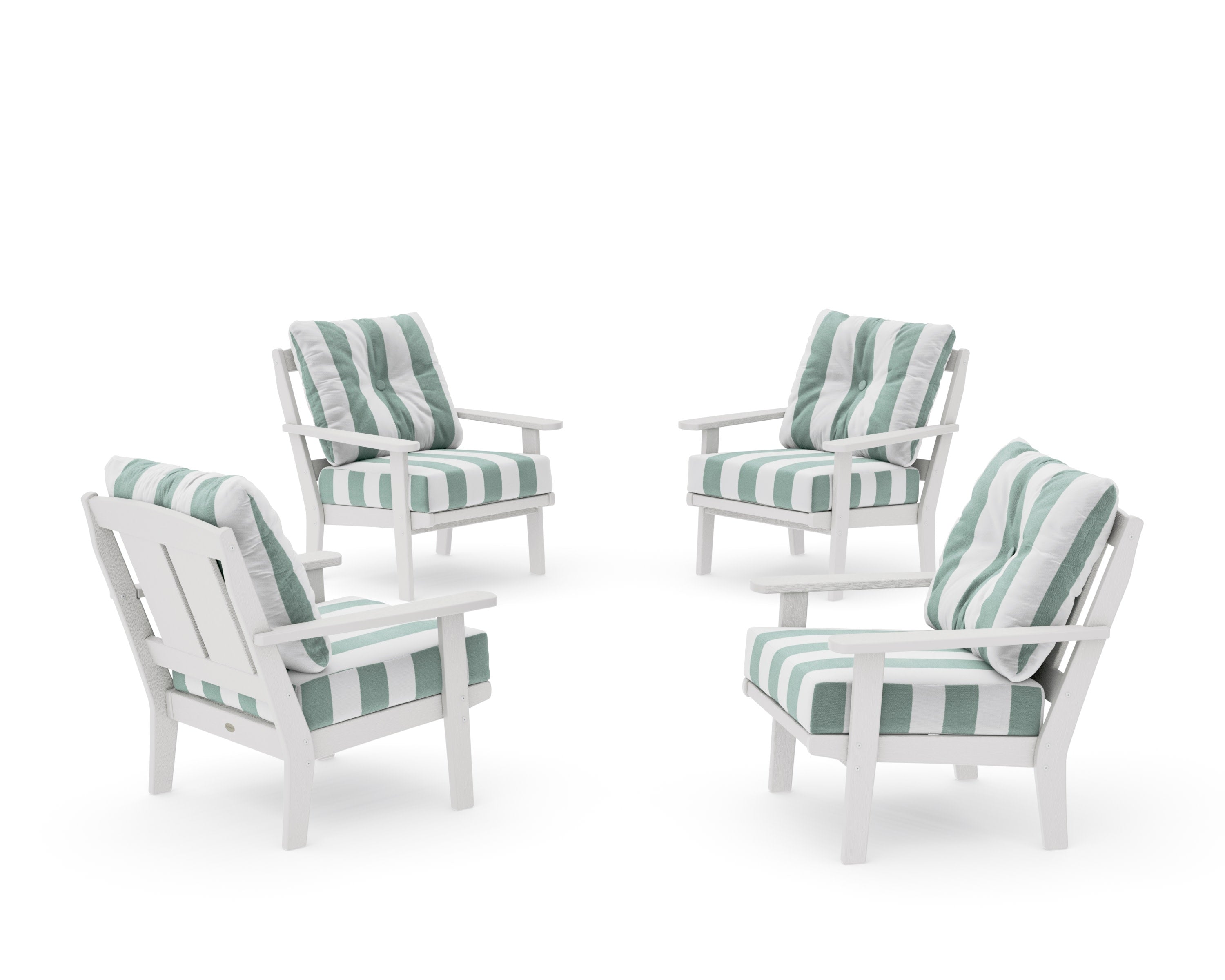 Mission 5-Piece Deep Seating Set with Fire Pit Table in Vintage White / Cabana Stripe Glacier Spa