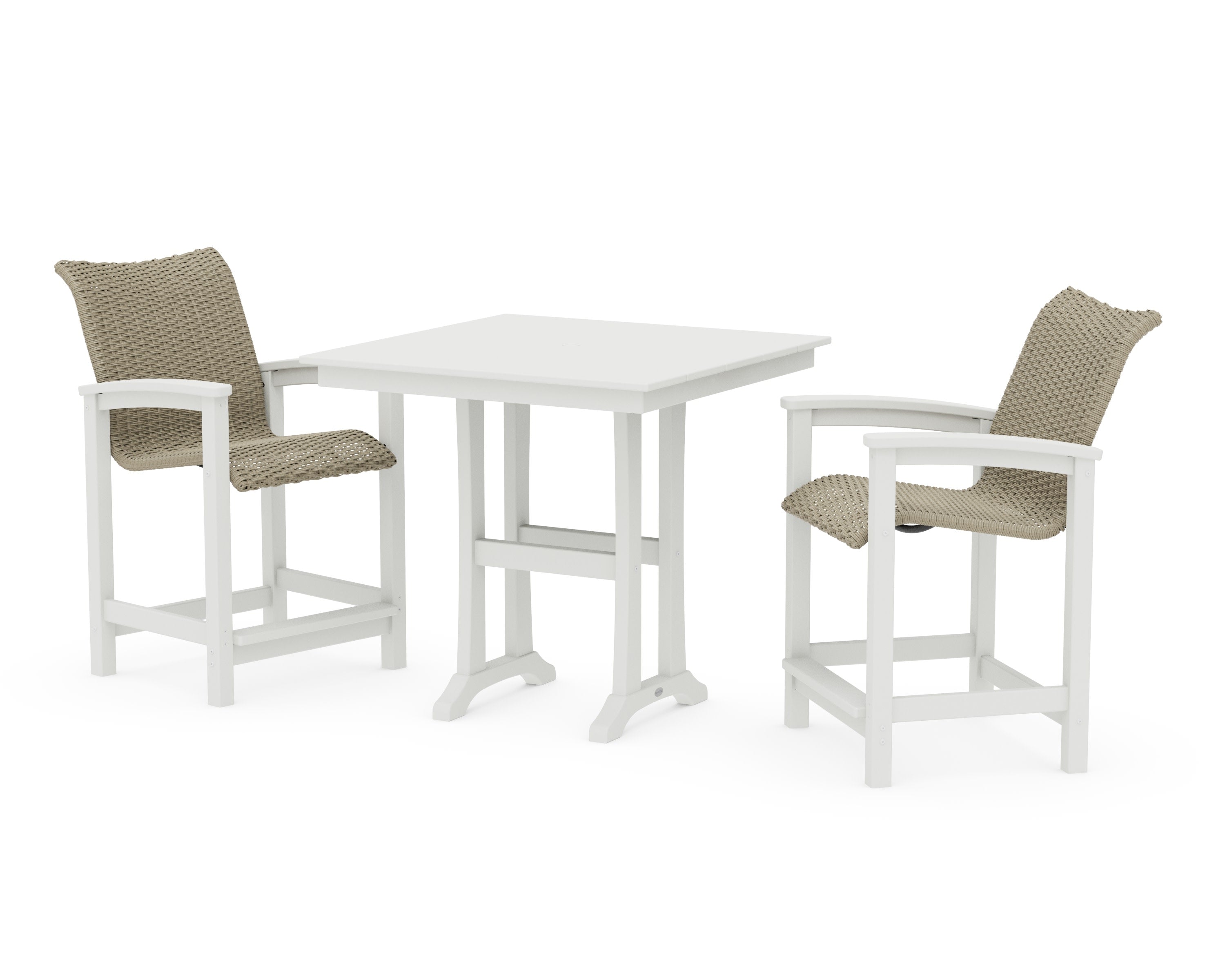 Coastal Woven 3-Piece Farmhouse Counter Set with Trestle Legs in White / Dune Grass