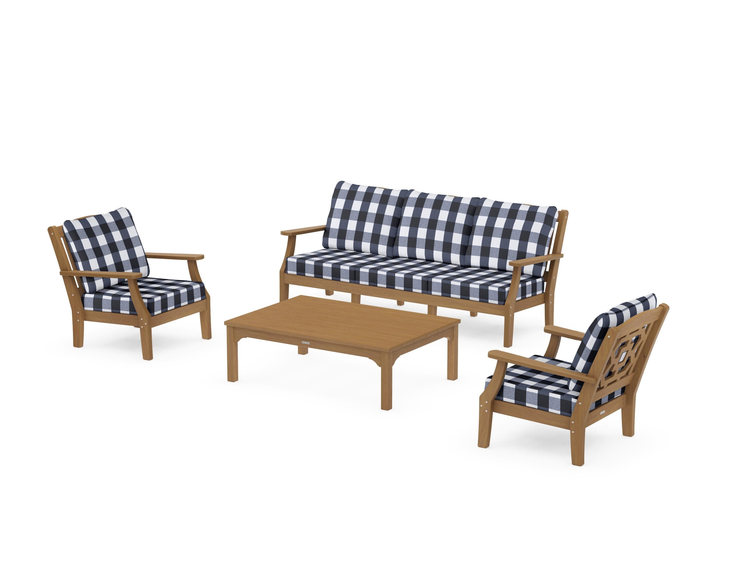Chinoiserie 4-Piece Deep Seating Set with Sofa in Natural / Buffalo Plaid Marine Indigo