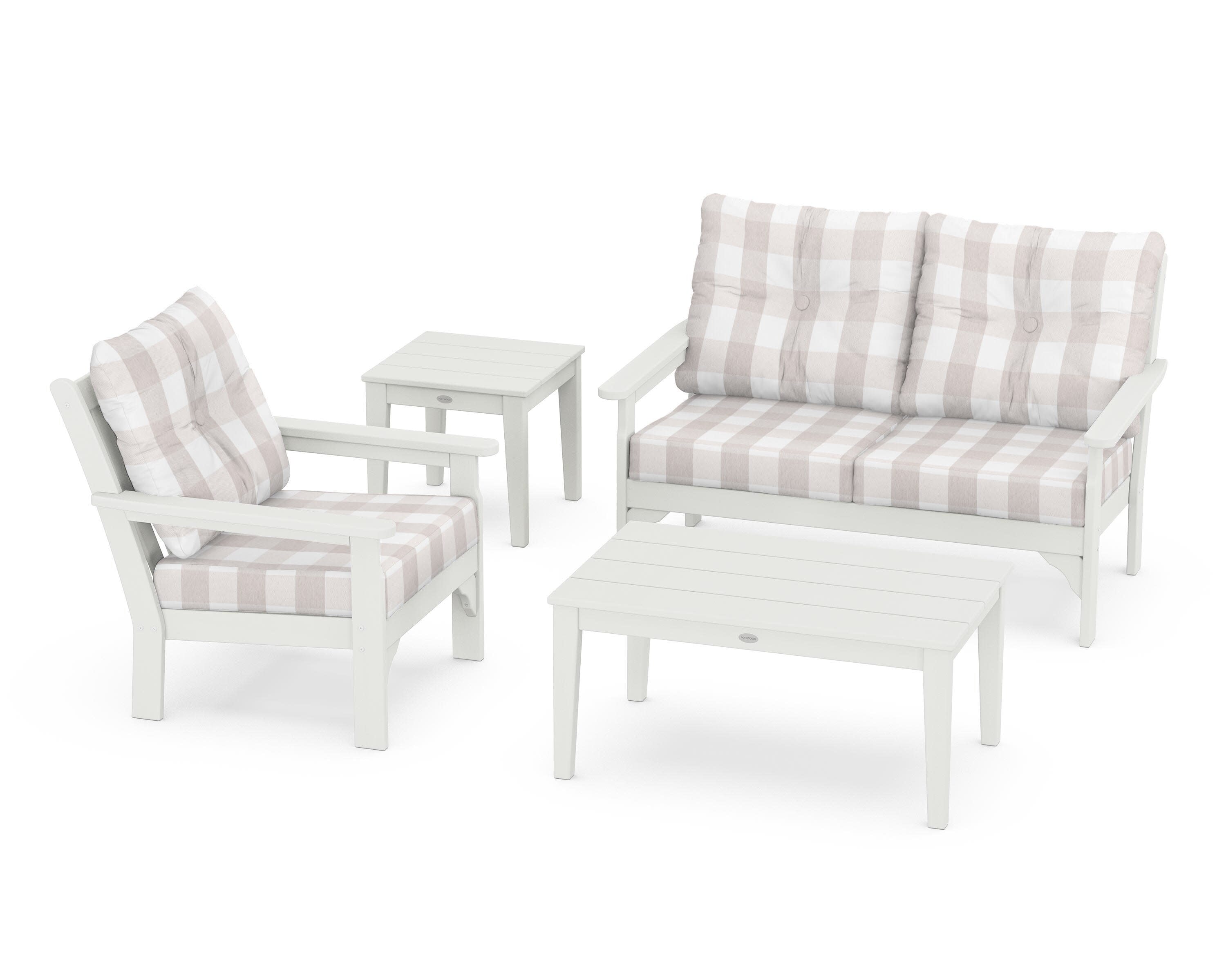 Vineyard 4-Piece Deep Seating Set in Vintage White / Buffalo Plaid Dune Burlap