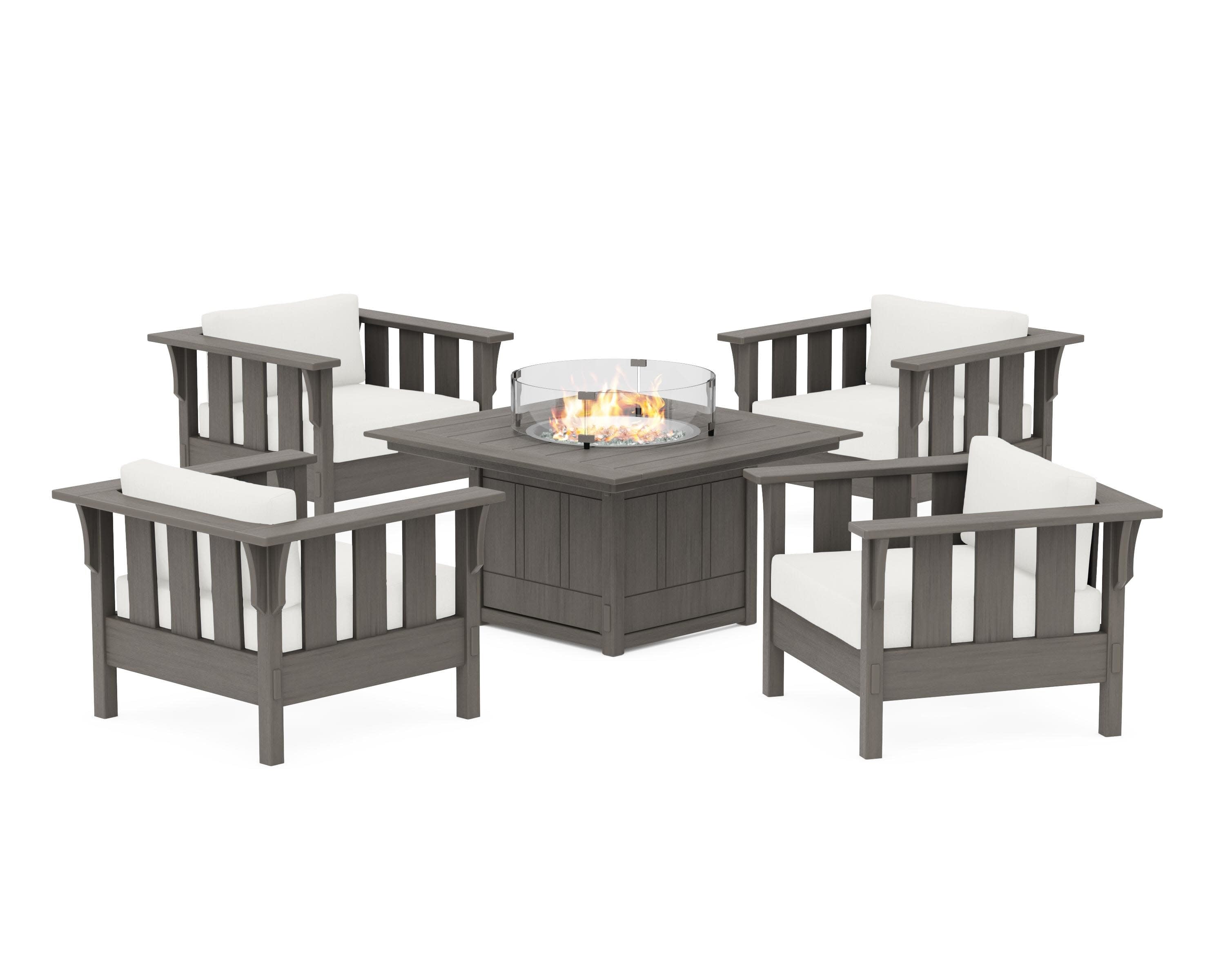 Acadia 5-Piece Deep Seating Set with Fire Pit Table in Driftwood / Natural Linen