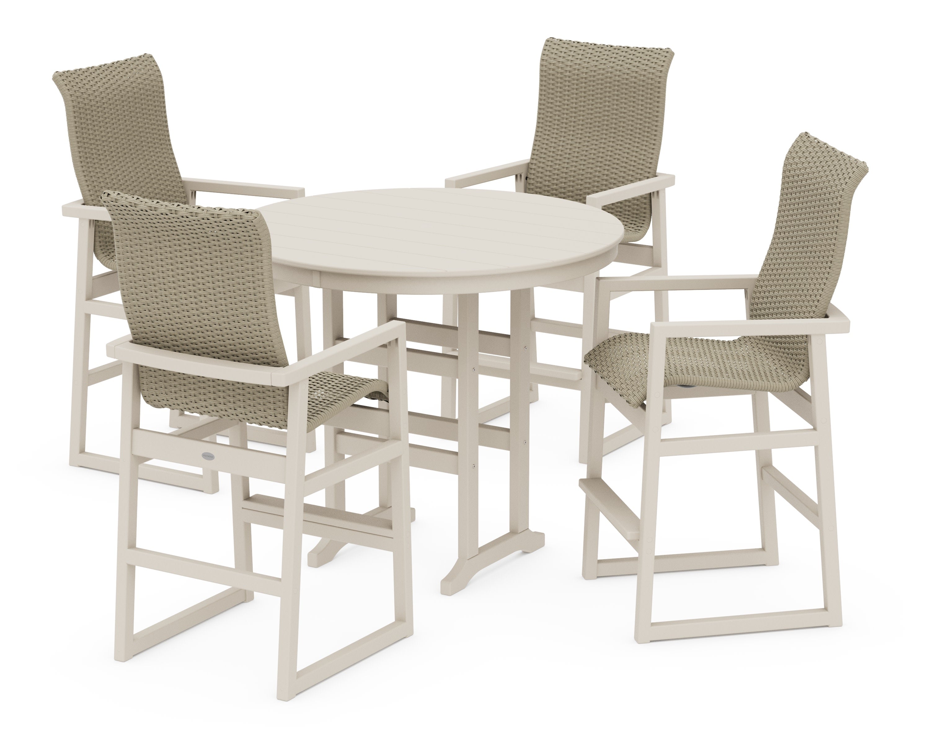 EDGE Woven Highback 5-Piece Round Farmhouse Bar Set in Sand / Dune Grass