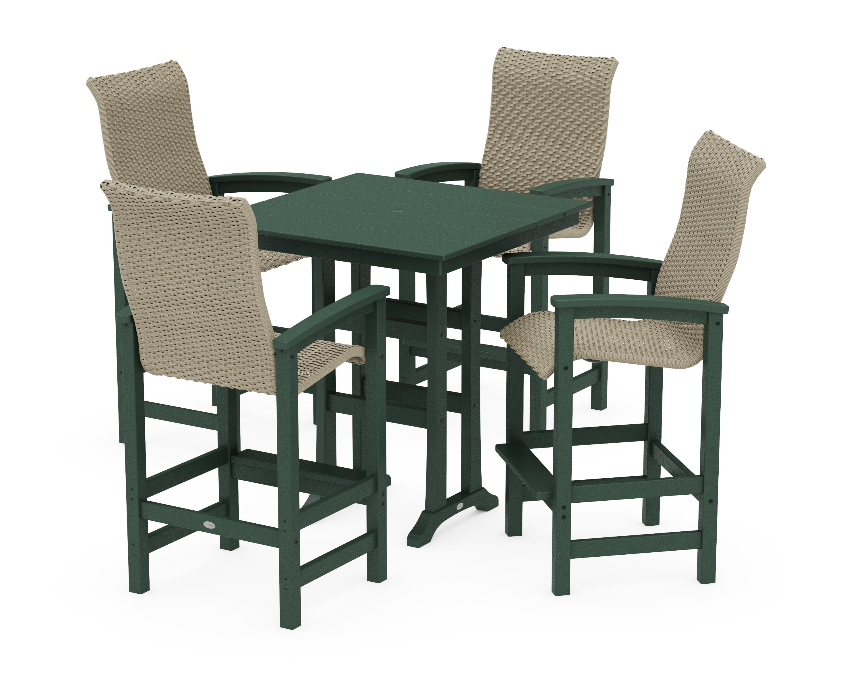 Coastal Woven High-Back 5-Piece Farmhouse Bar Set with Trestle Legs in Green / Dune Grass
