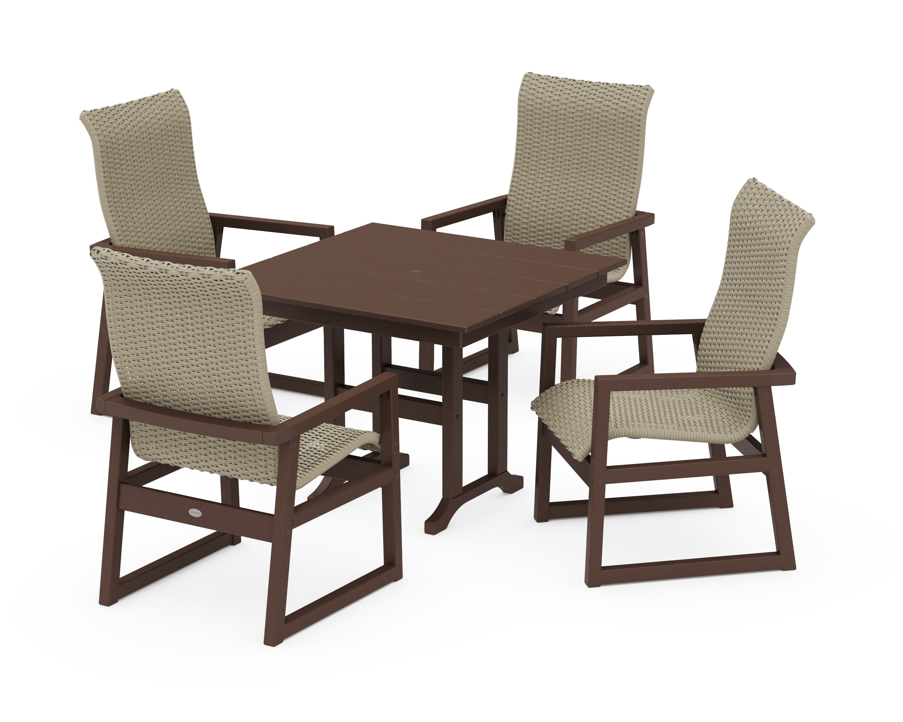 EDGE Woven Highback 5-Piece Farmhouse Dining Set in Mahogany / Dune Grass