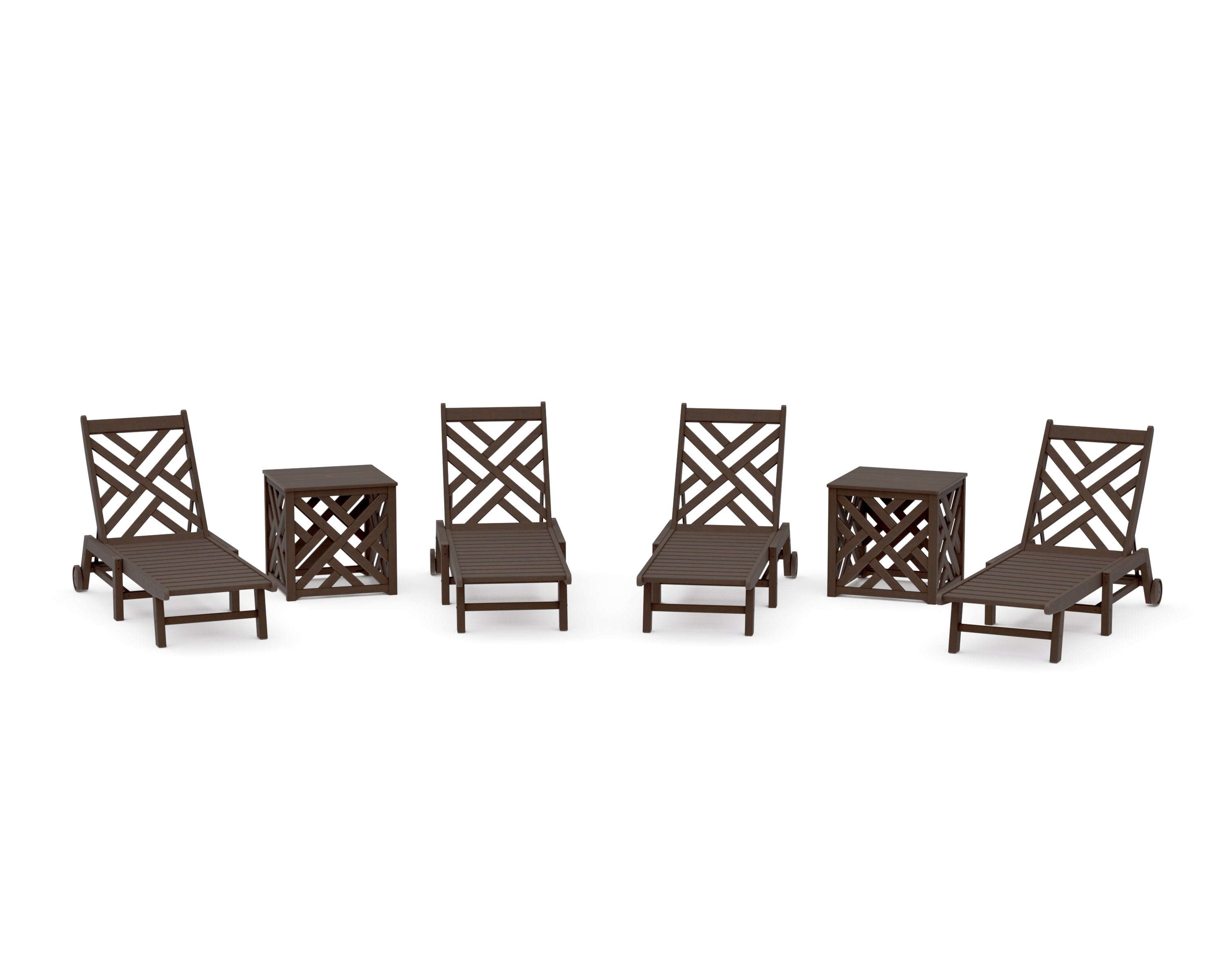 Chippendale 6-Piece Chaise Set with Wheels and Umbrella Stand Accent Table in Kona
