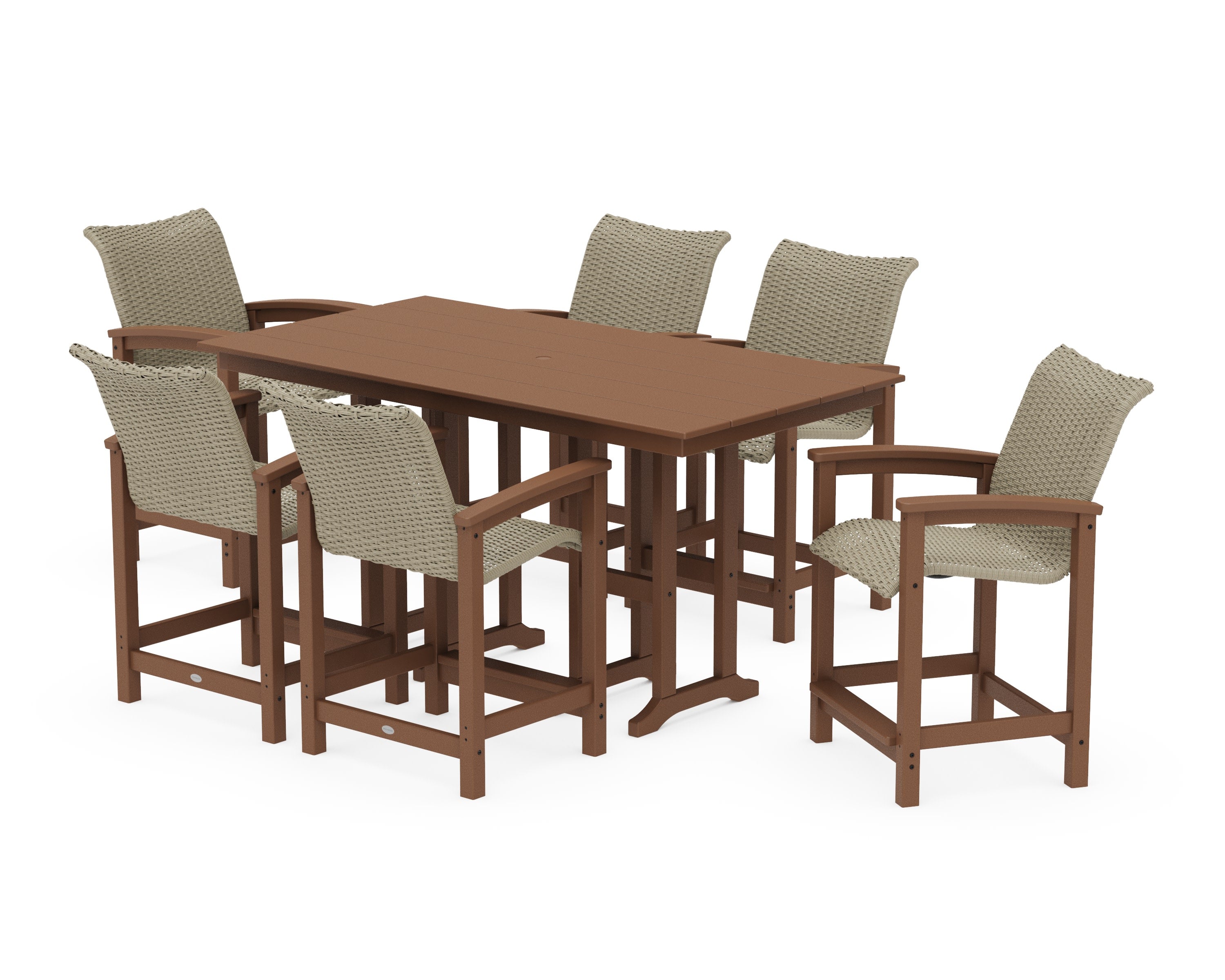 Coastal Woven Arm Chair 7-Piece Farmhouse Counter Set in Teak / Dune Grass