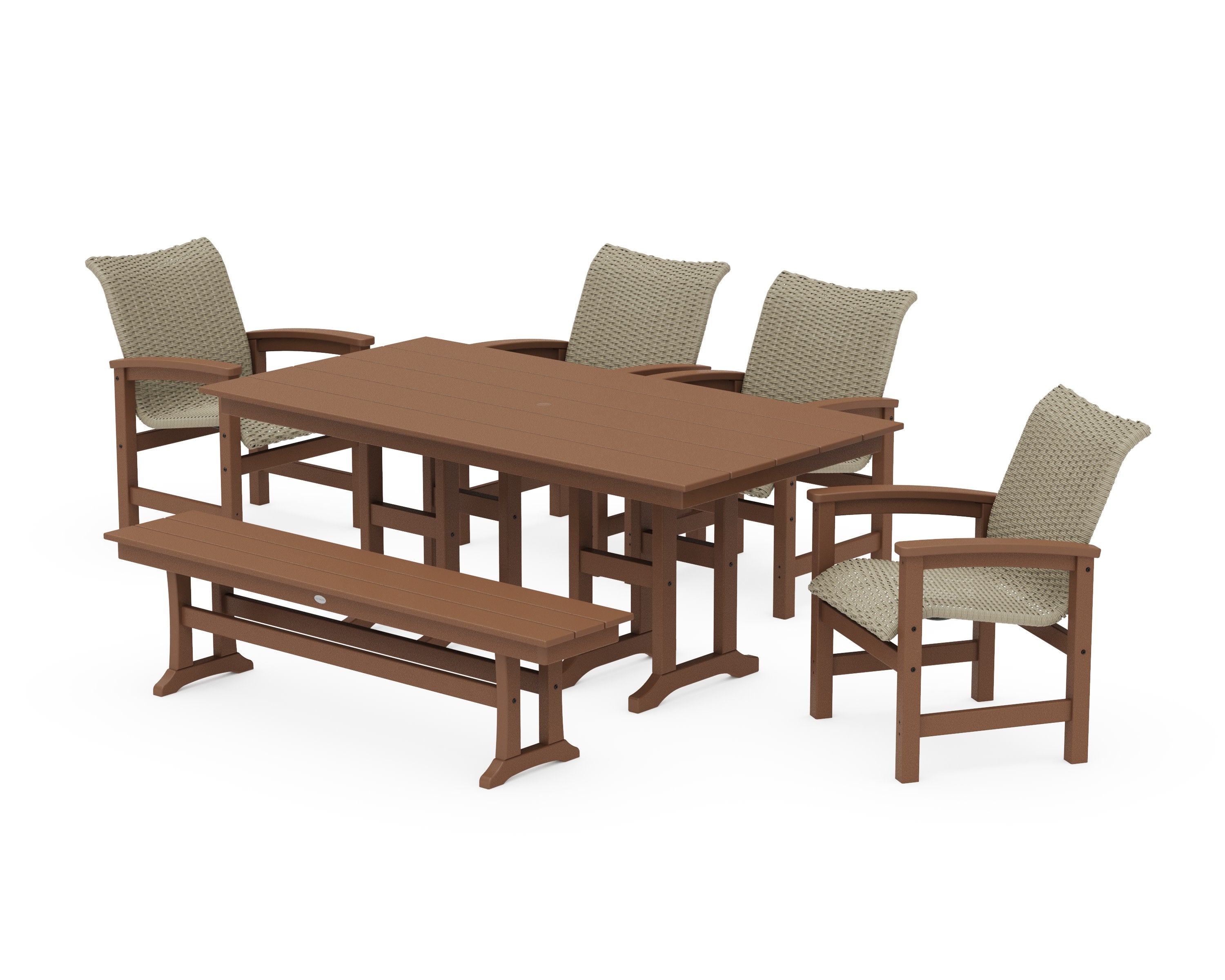 Coastal Woven 6-Piece Farmhouse Dining Set with Bench in Teak / Dune Grass