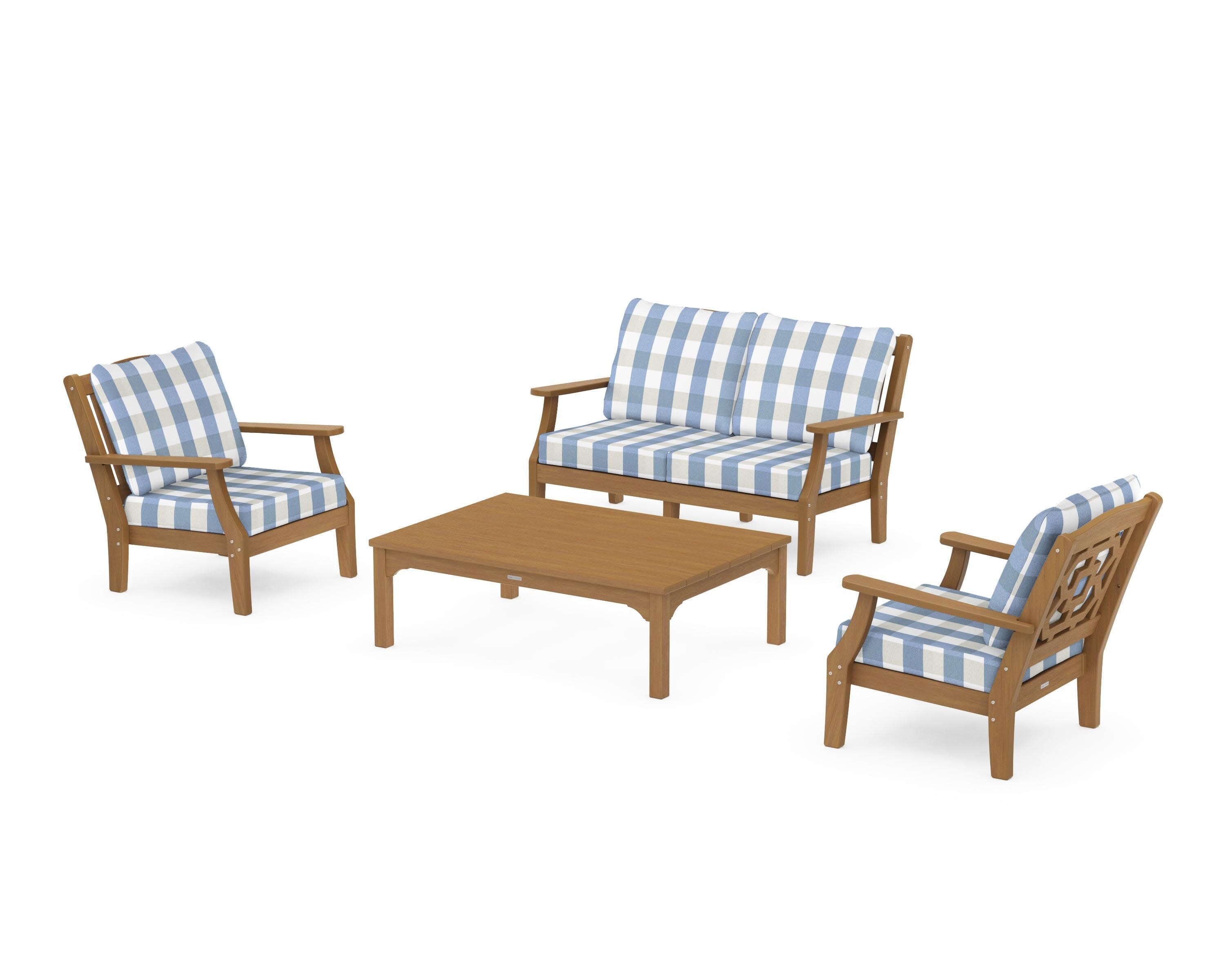 Chinoiserie 4-Piece Deep Seating Set with Loveseat in Natural / Buffalo Plaid Sky Blue