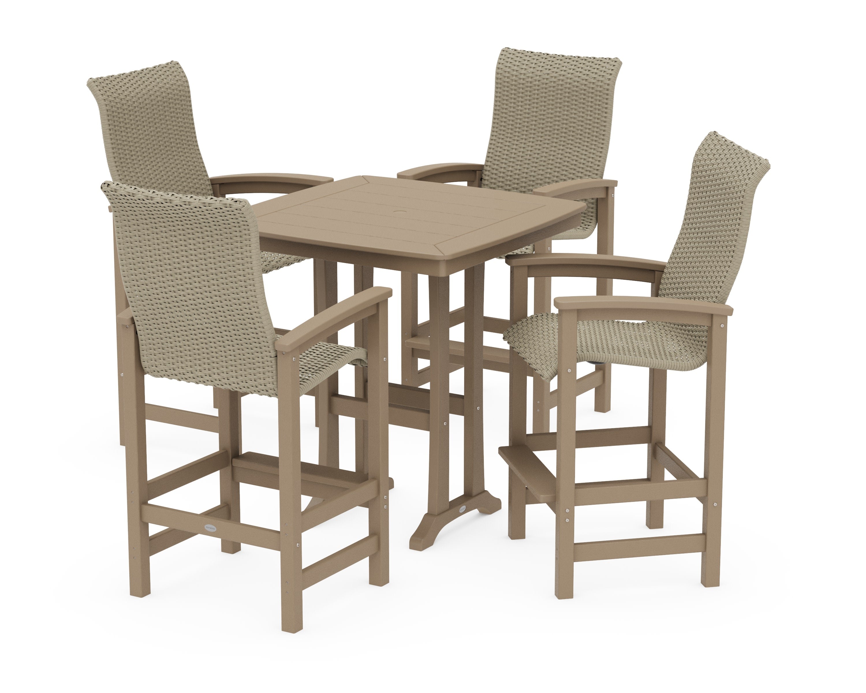 Coastal Woven High-Back 5-Piece Bar Set with Trestle Legs in Vintage Sahara / Dune Grass