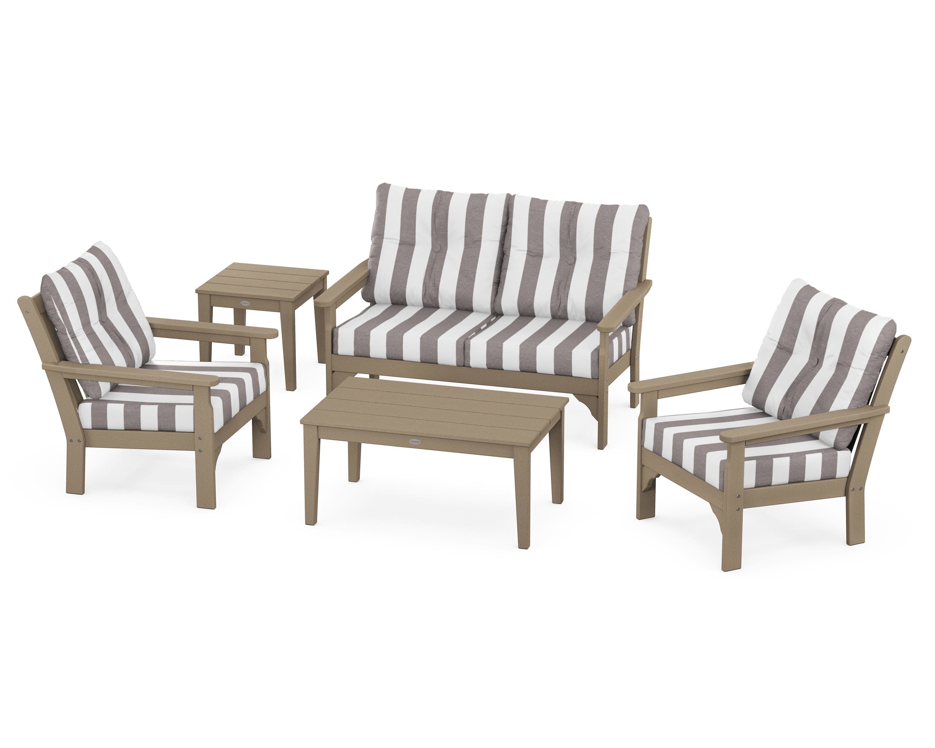 Vineyard 5-Piece Deep Seating Set in Vintage Sahara / Cabana Stripe Grey Mist