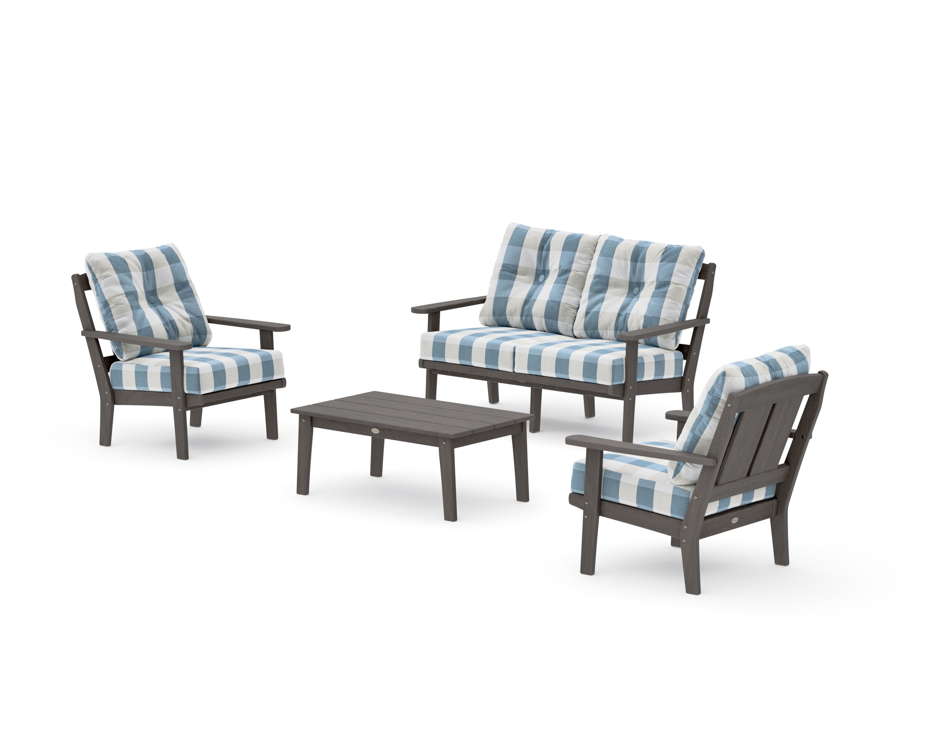 Mission 4-Piece Deep Seating Set with Loveseat in Driftwood / Buffalo Plaid Sky Blue